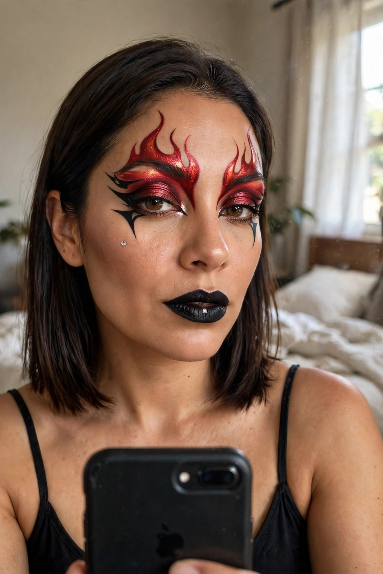 Close up of red glitter flame devil makeup with black outlines around the eyes and black lipstick.