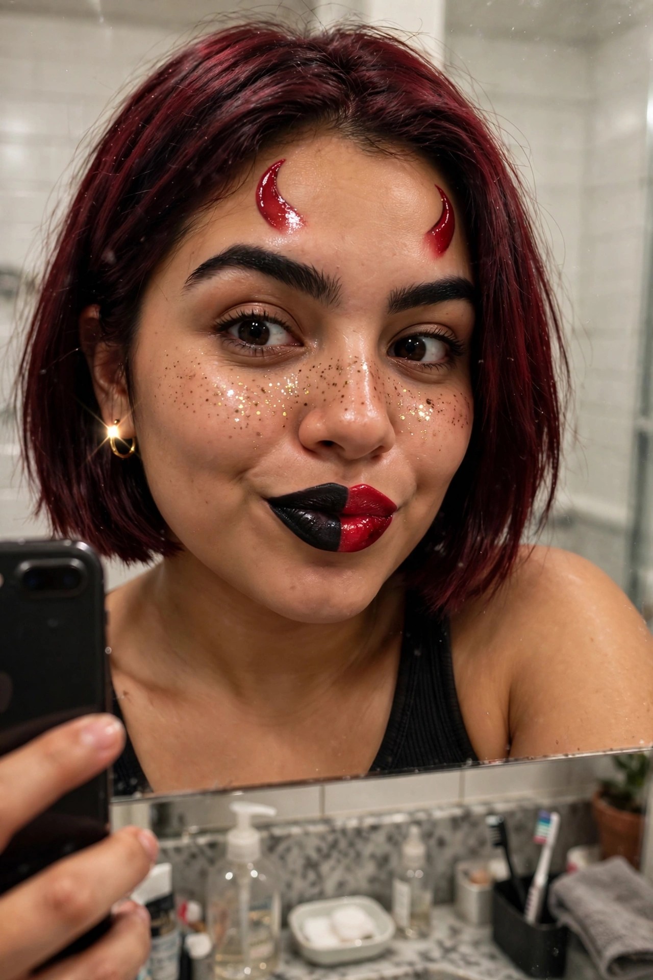 Close-up of devil makeup featuring glossy red horns on the forehead, gold glitter freckles, and split black and red glossy lips.
