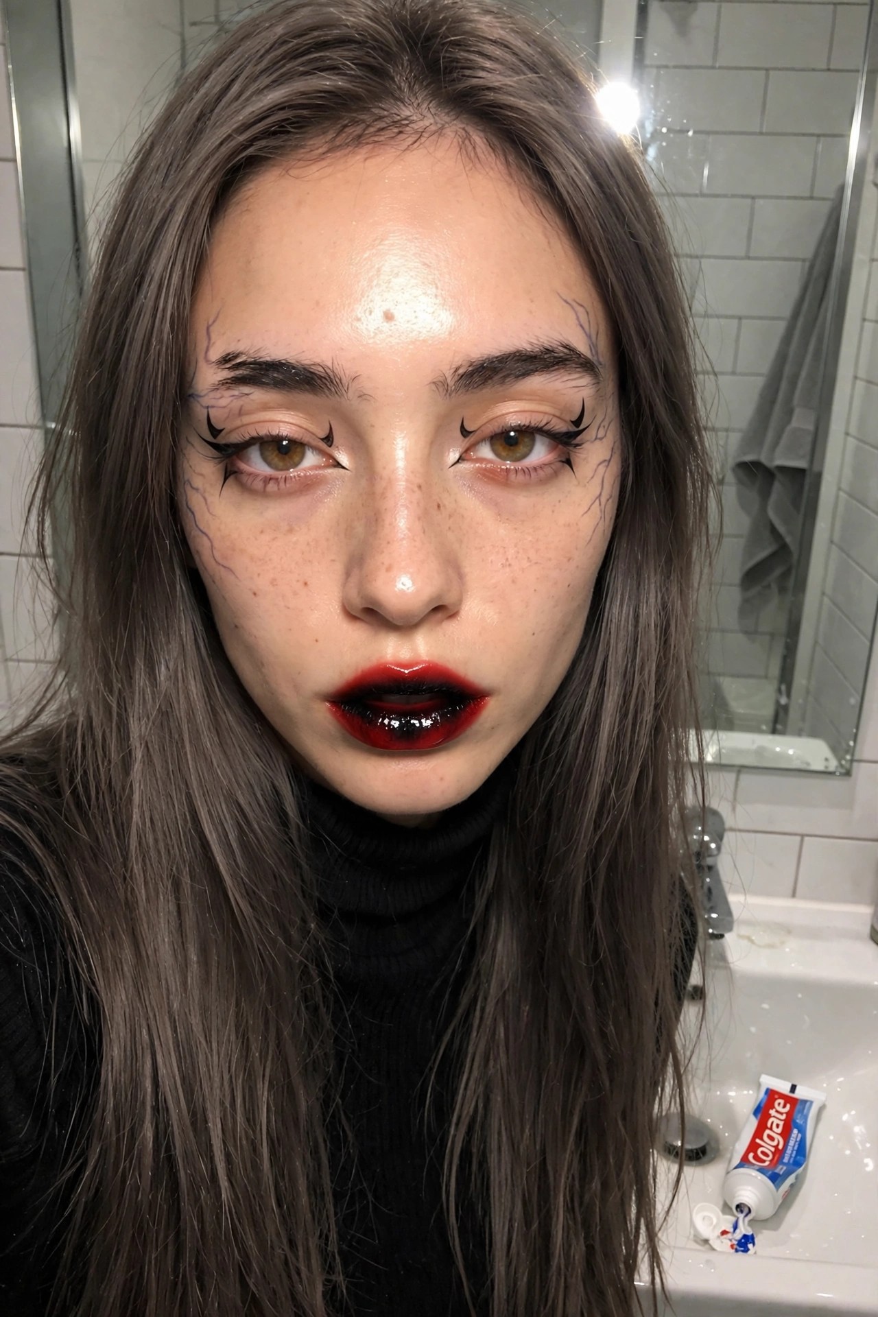 close up of devil makeup featuring black winged eyeliner with curved accents purple vein lines on forehead and cheeks and glossy dark red lips