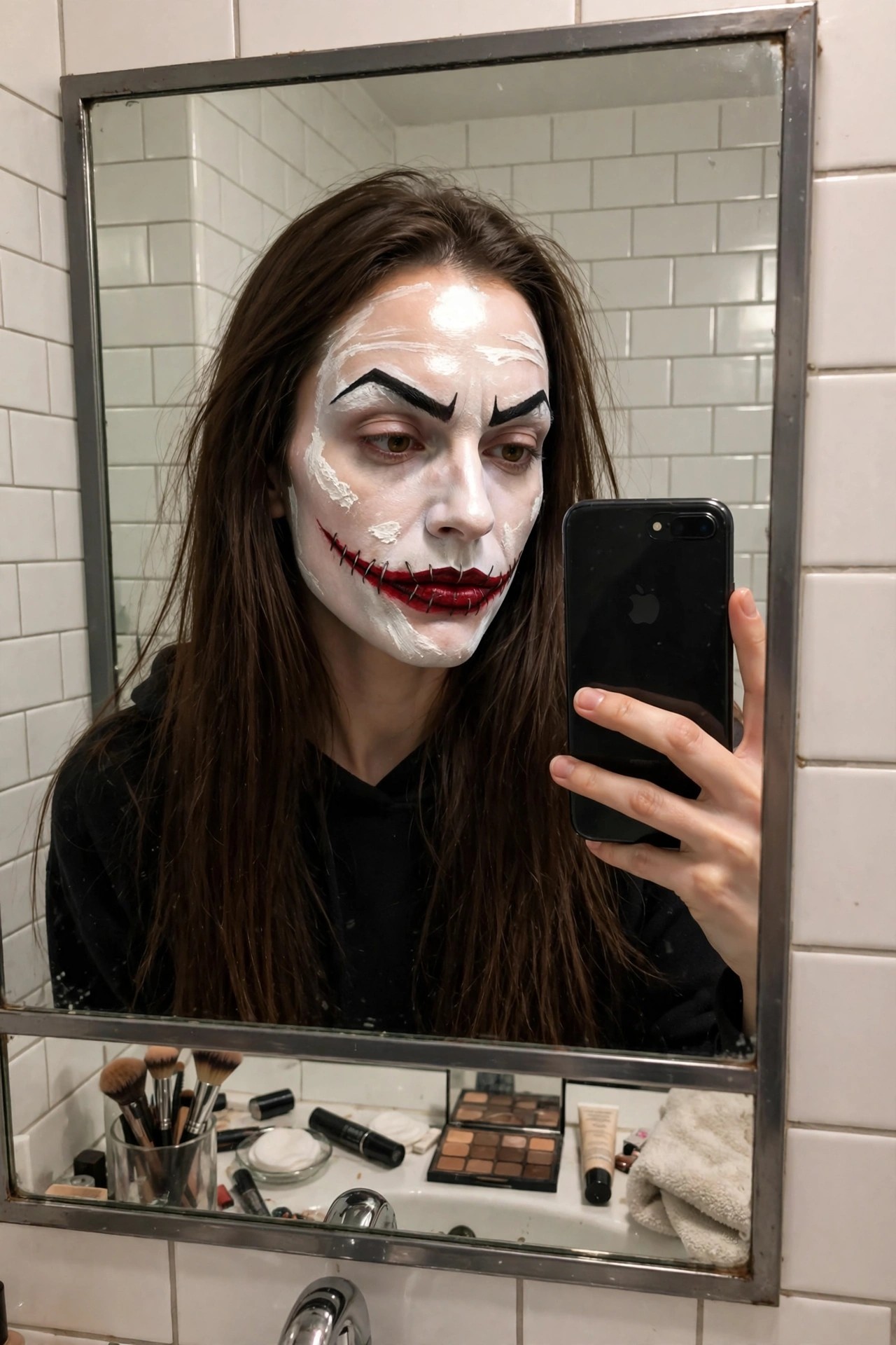 Close-up mirror selfie of Joker style makeup with white face paint, exaggerated black eyebrows, and red lips accented by black stitch lines.