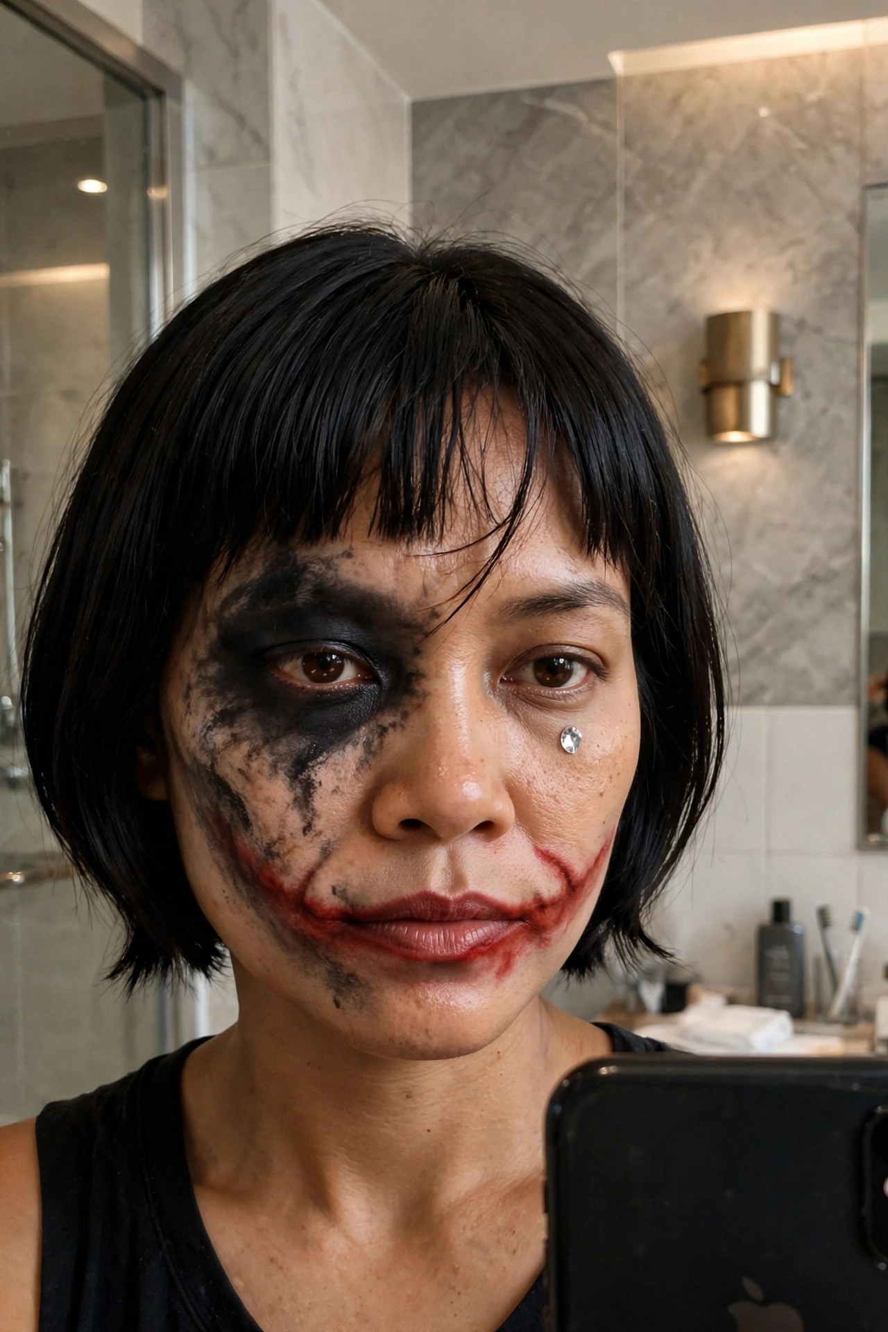 Close up of Joker makeup with black smudged eyes, extended red smile, and a small crystal teardrop on the cheek.
