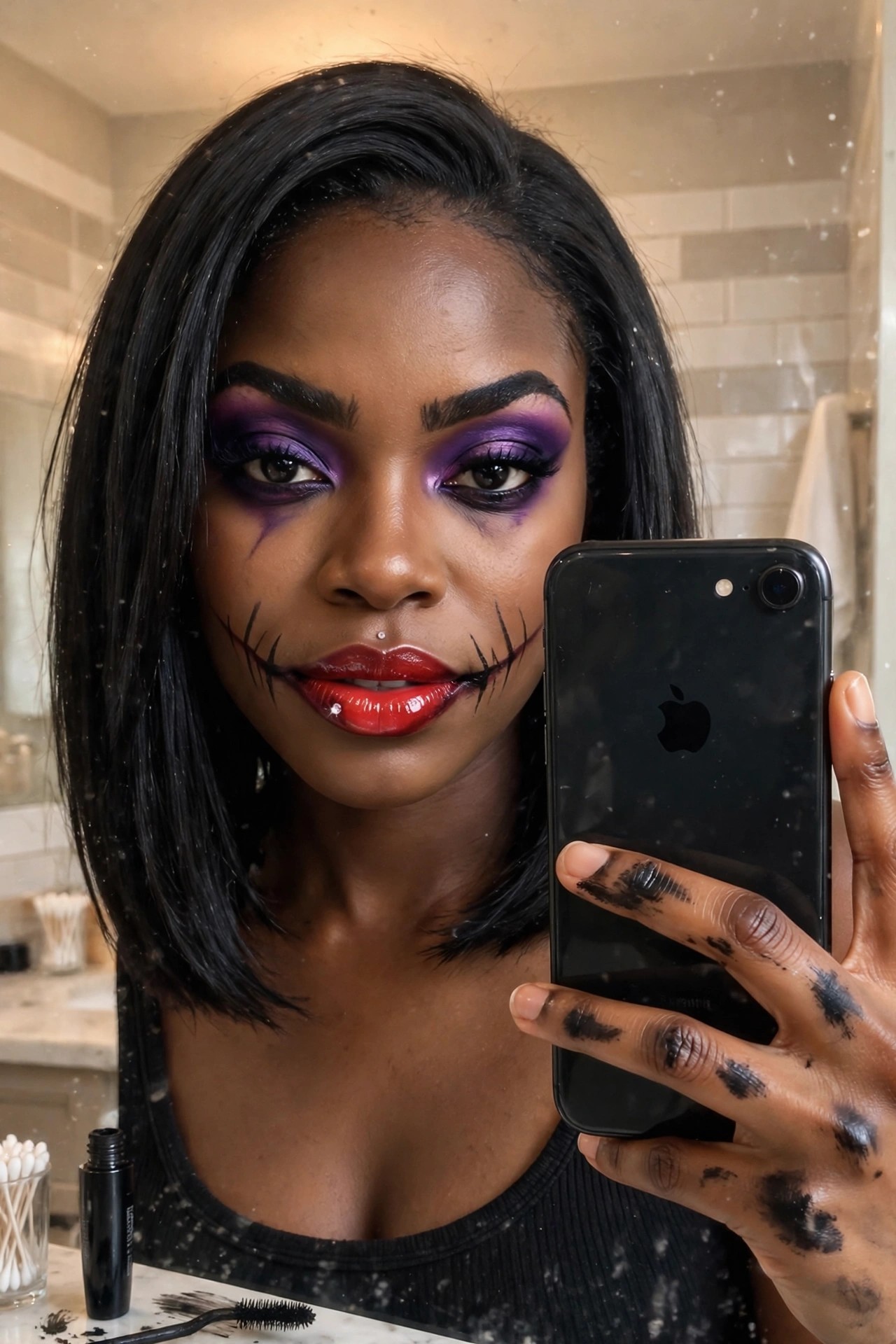 Close up of Joker style Halloween makeup with purple and black eyeshadow, thick winged liner, and black painted smile lines extending from red glossy lips.