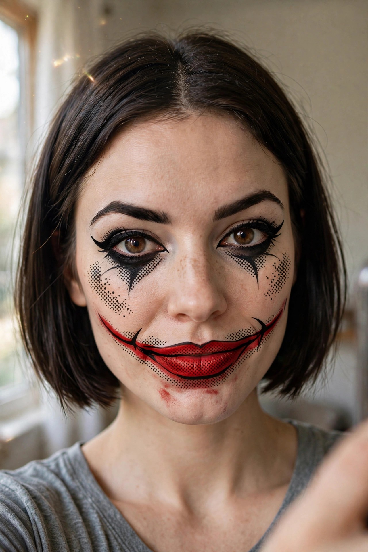 Close up of Joker style face paint with wide red smile outlined in black, dotted cheek details, heavy black eye makeup, and short brown hair.