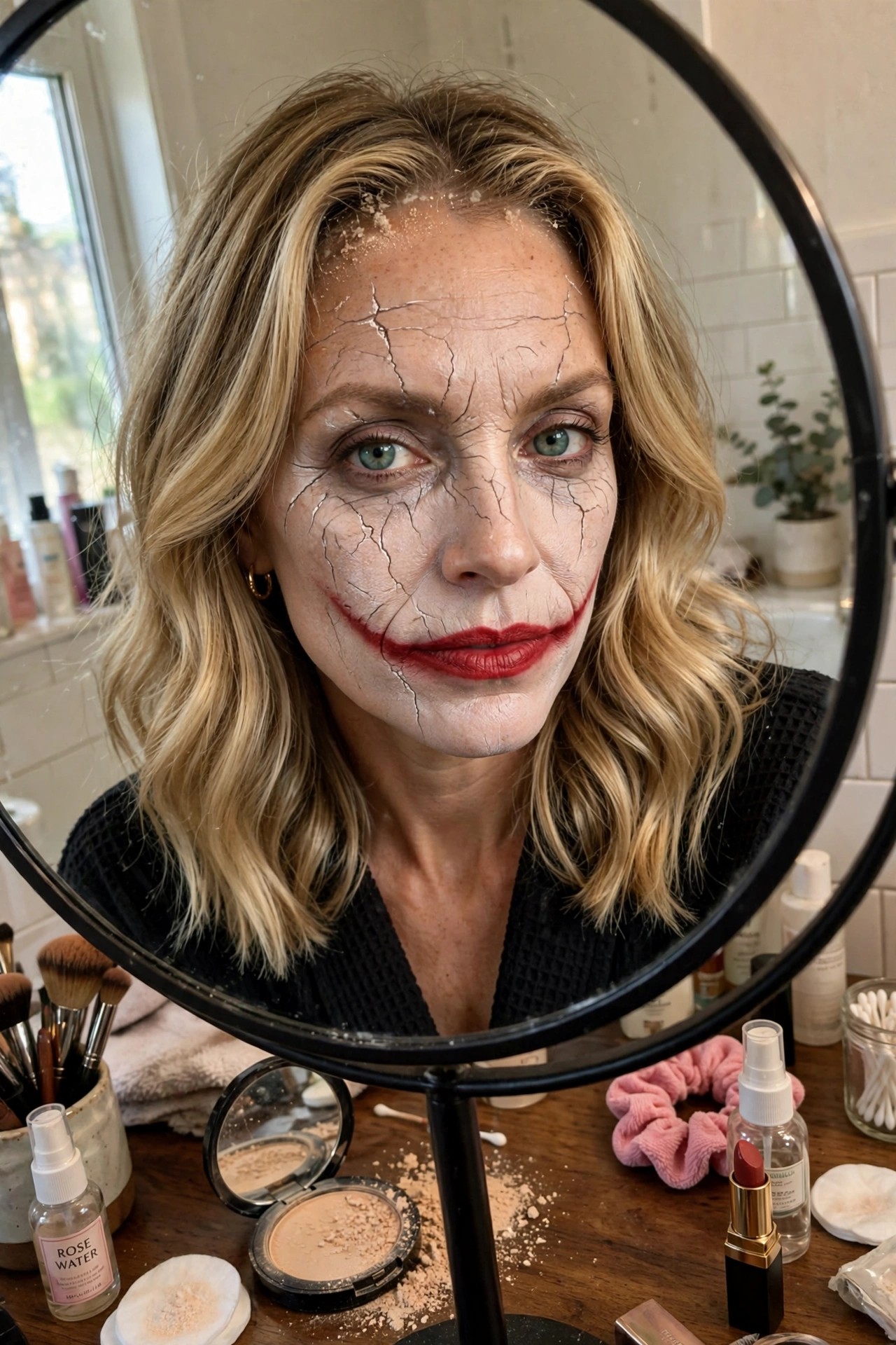 Close up of a woman wearing cracked white face paint with a red Joker smile extending past the mouth corners and dark fracture lines across the forehead cheeks and jaw.