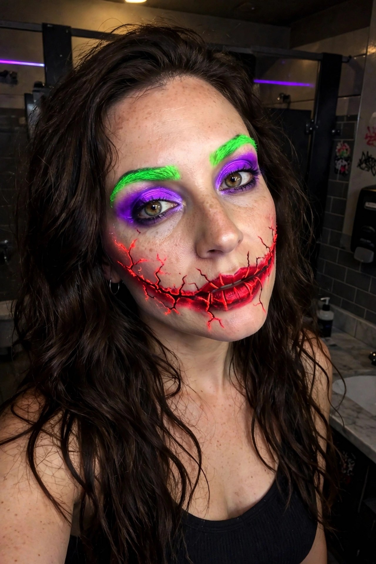 Close up of Joker inspired makeup with purple and green eyeshadow, green brows, and glowing red cracked face paint extending from bright red lips in a jagged smile pattern.