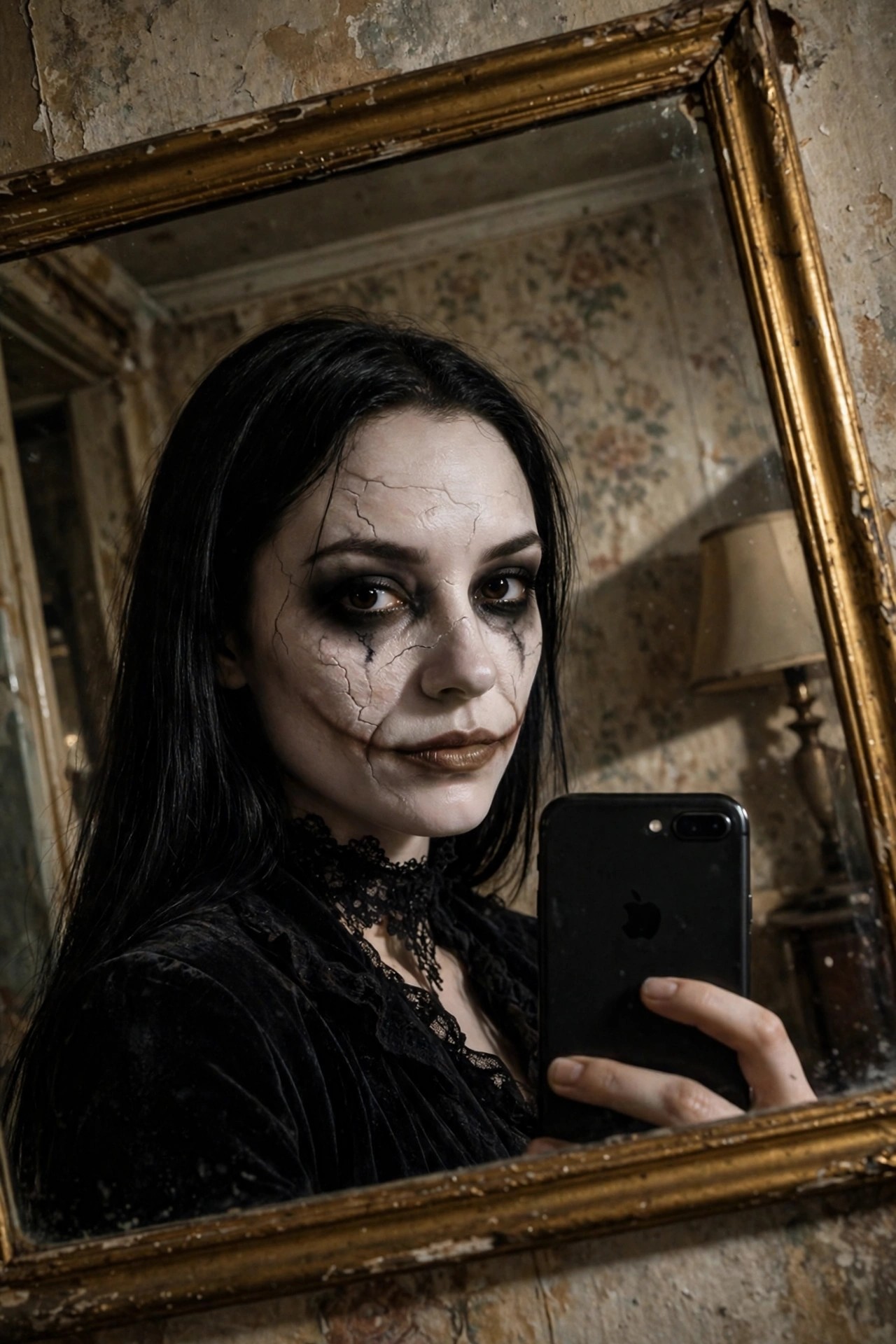 Close up of cracked white face paint with black fracture lines dark smoky eyes and subtle stitched mouth detail