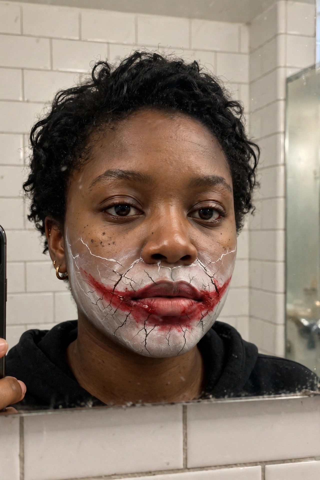 Close up of cracked white face paint with black fracture lines and red smile extending from the mouth in Joker style makeup.
