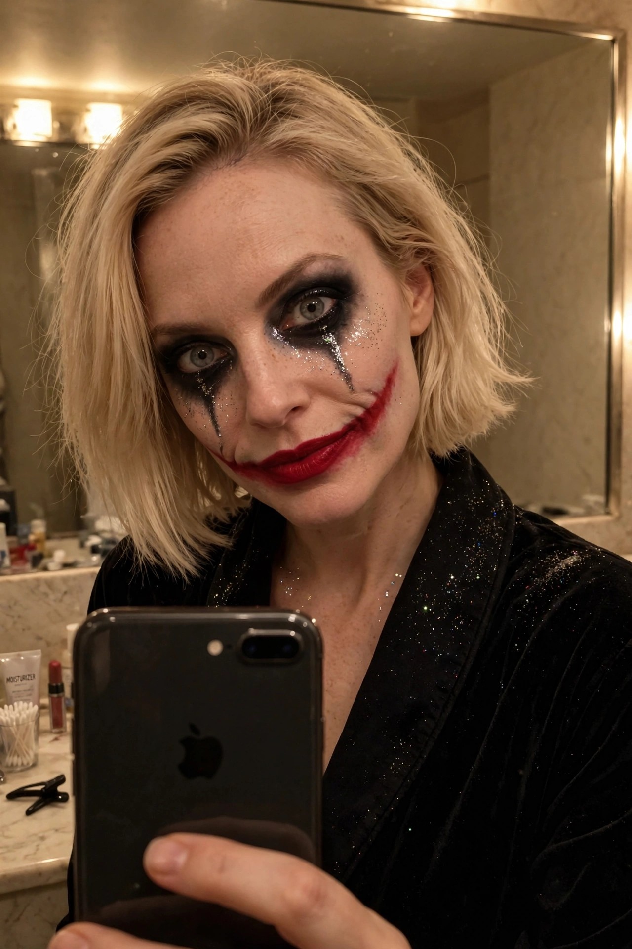 Close up of Joker style makeup with black eye shadow glitter tears and extended red smile on a person taking a mirror selfie.