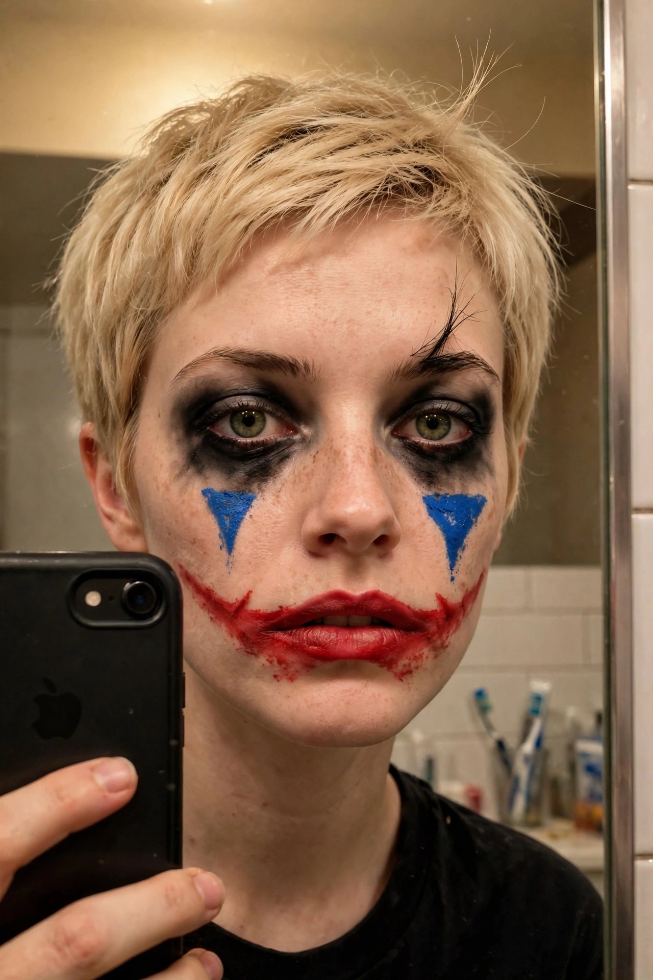 Close-up of Joker style makeup featuring extended red smile, heavy black eye makeup, and blue triangular cheek accents on short blonde hair.