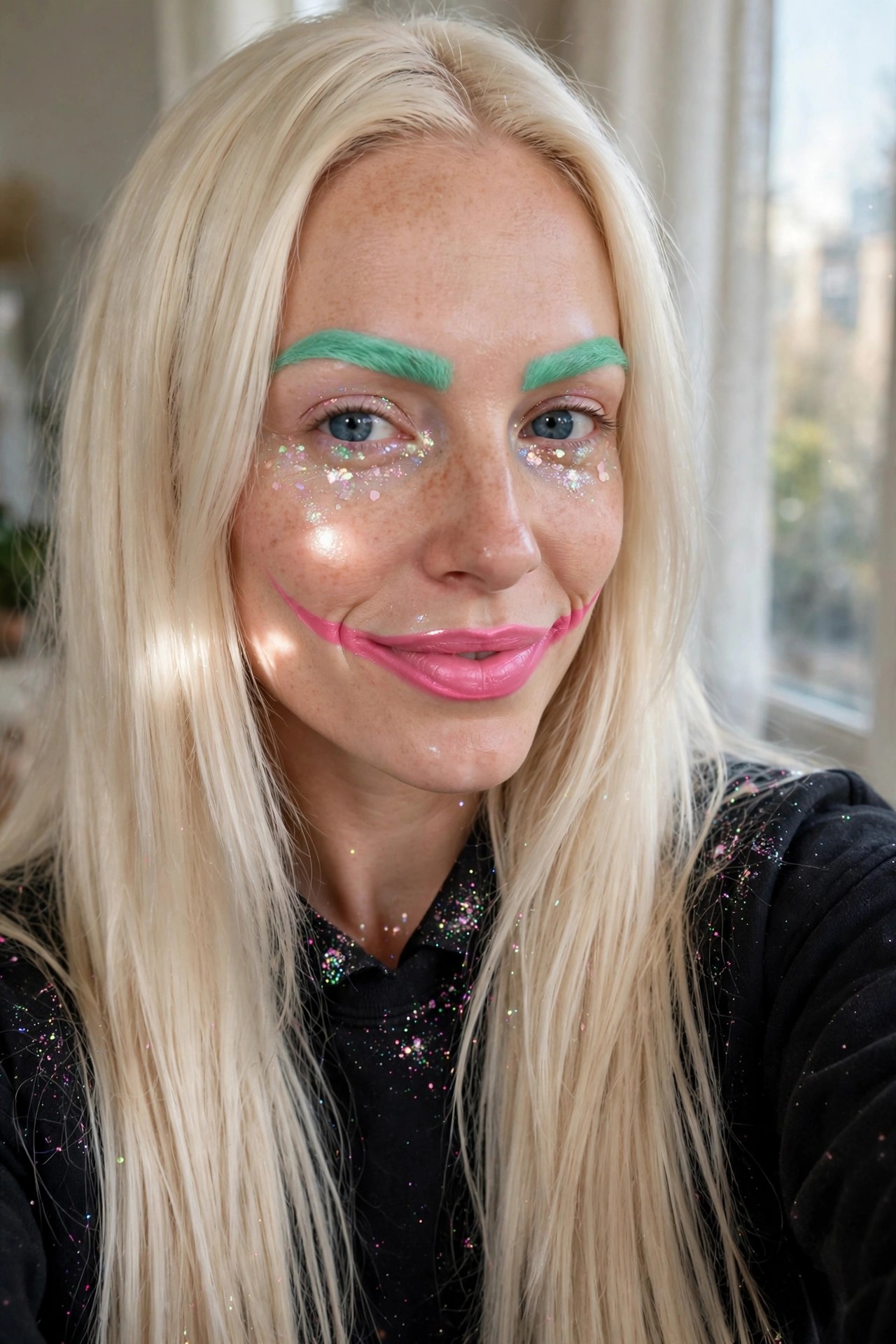 close up of Joker style makeup with green painted eyebrows, pink extended smile lips, and scattered glitter under the eyes on a person with long blonde hair