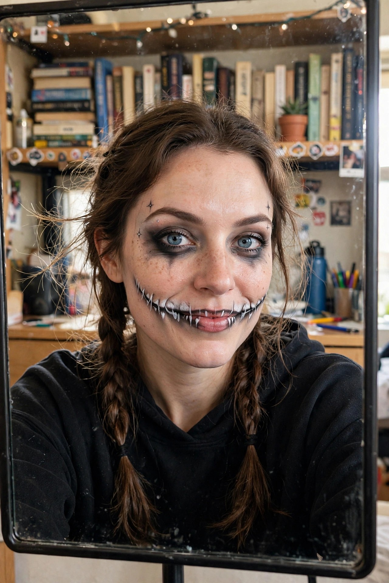 Close up of Joker style makeup with black eye shadow, exaggerated black smile lines across the mouth, white tooth details, and small star accents on the forehead.
