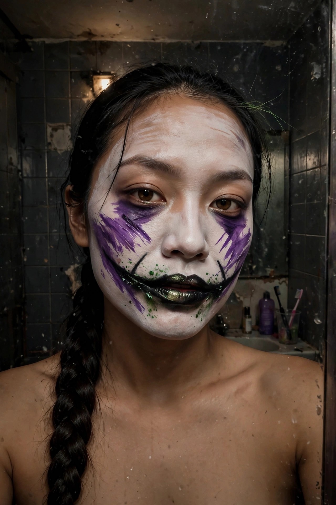 Close up of Joker style Halloween makeup with white face paint purple eye details black smile lines extending from the mouth and green accents on the lips and chin.