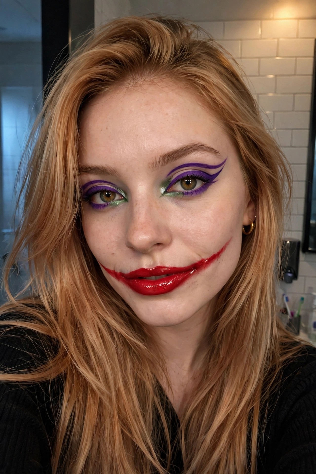 Close up of Joker inspired makeup with purple winged liner, green eyeshadow accents, and glossy red lips extended into an upward smile at the corners.