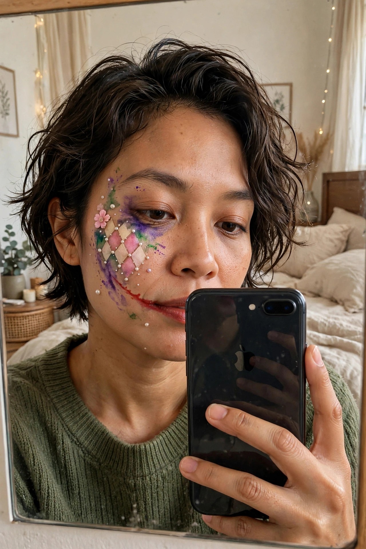 Close up of Joker style face paint featuring a red smile, purple and green smudges around one eye, painted harlequin diamonds, scattered pearls, and a small pink flower on the cheek.