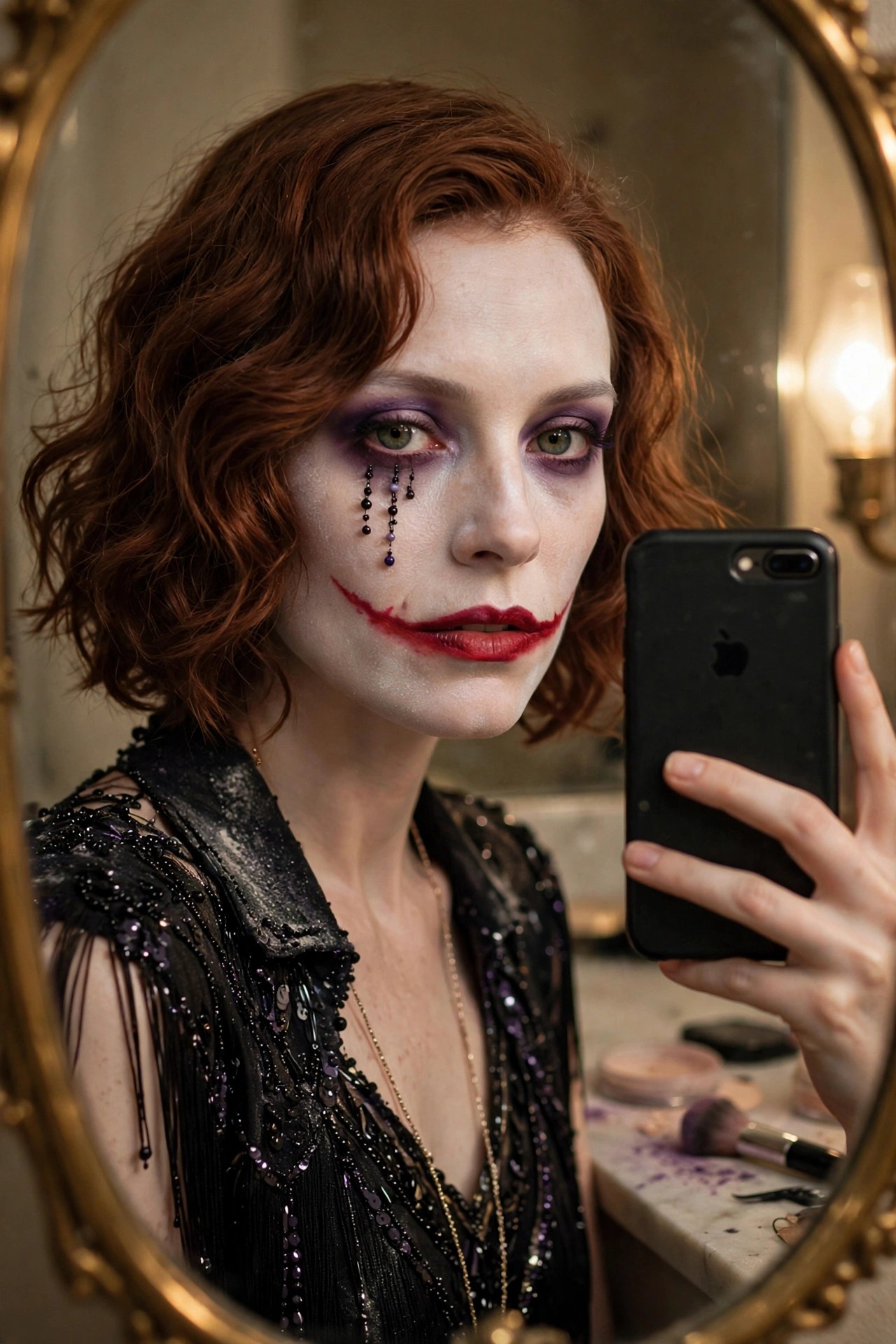 Close up of Joker makeup with white face paint, red smile lips, purple smoky eyes, and black beaded tears running down one cheek.