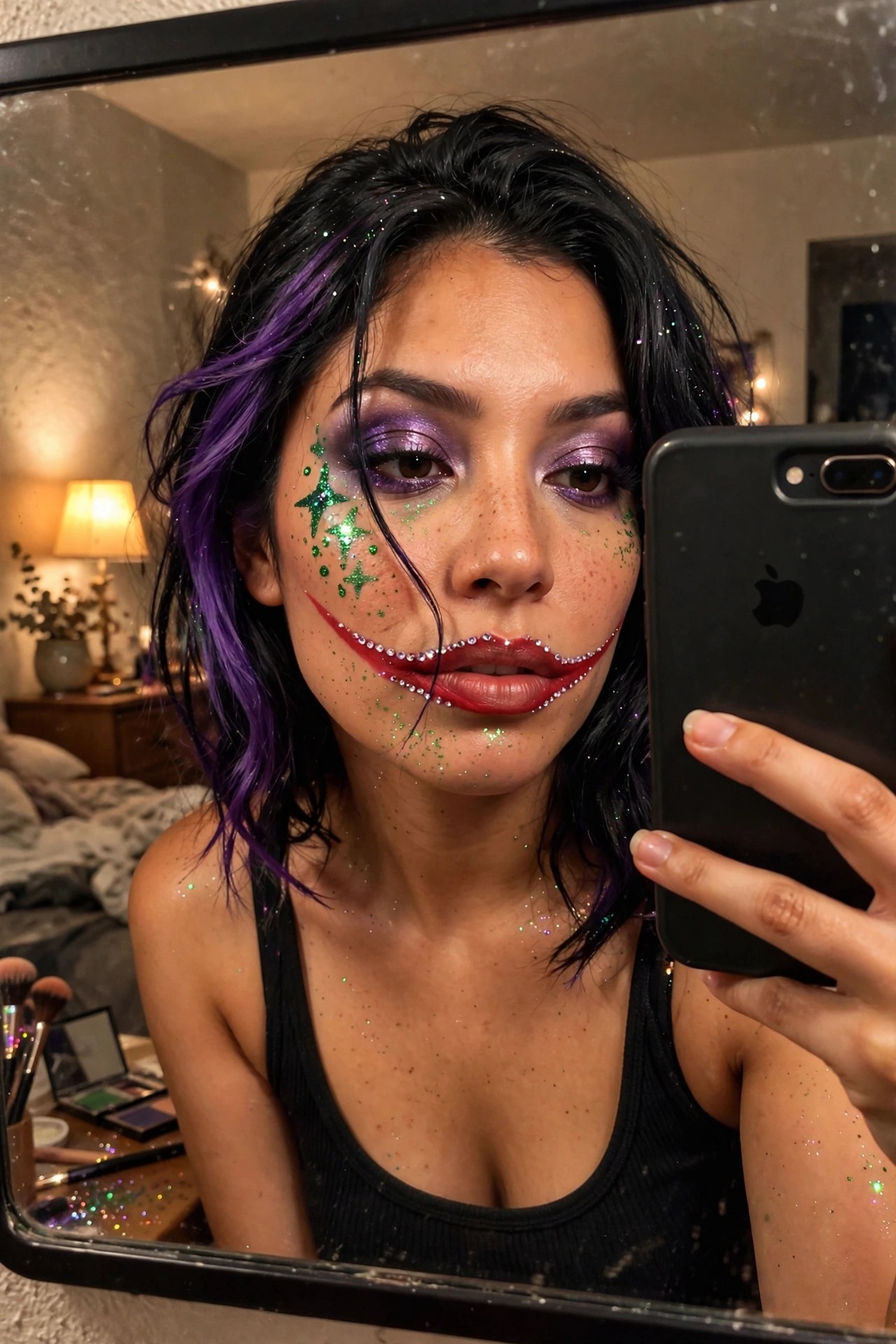 Close up of Joker style makeup featuring an extended red smile outlined with rhinestones, purple glitter eyeshadow, green star stickers, and multicolored face glitter.
