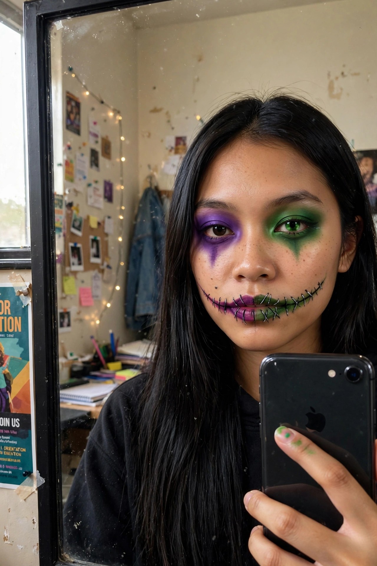 Close up of Joker inspired makeup with black stitched mouth lines purple and green split lips matching eye makeup and green contact lens.