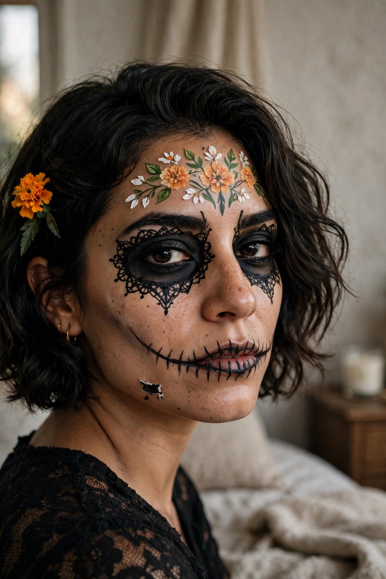 Close up of woman wearing black lace eye makeup, stitched joker mouth, and orange and white floral face paint across forehead.