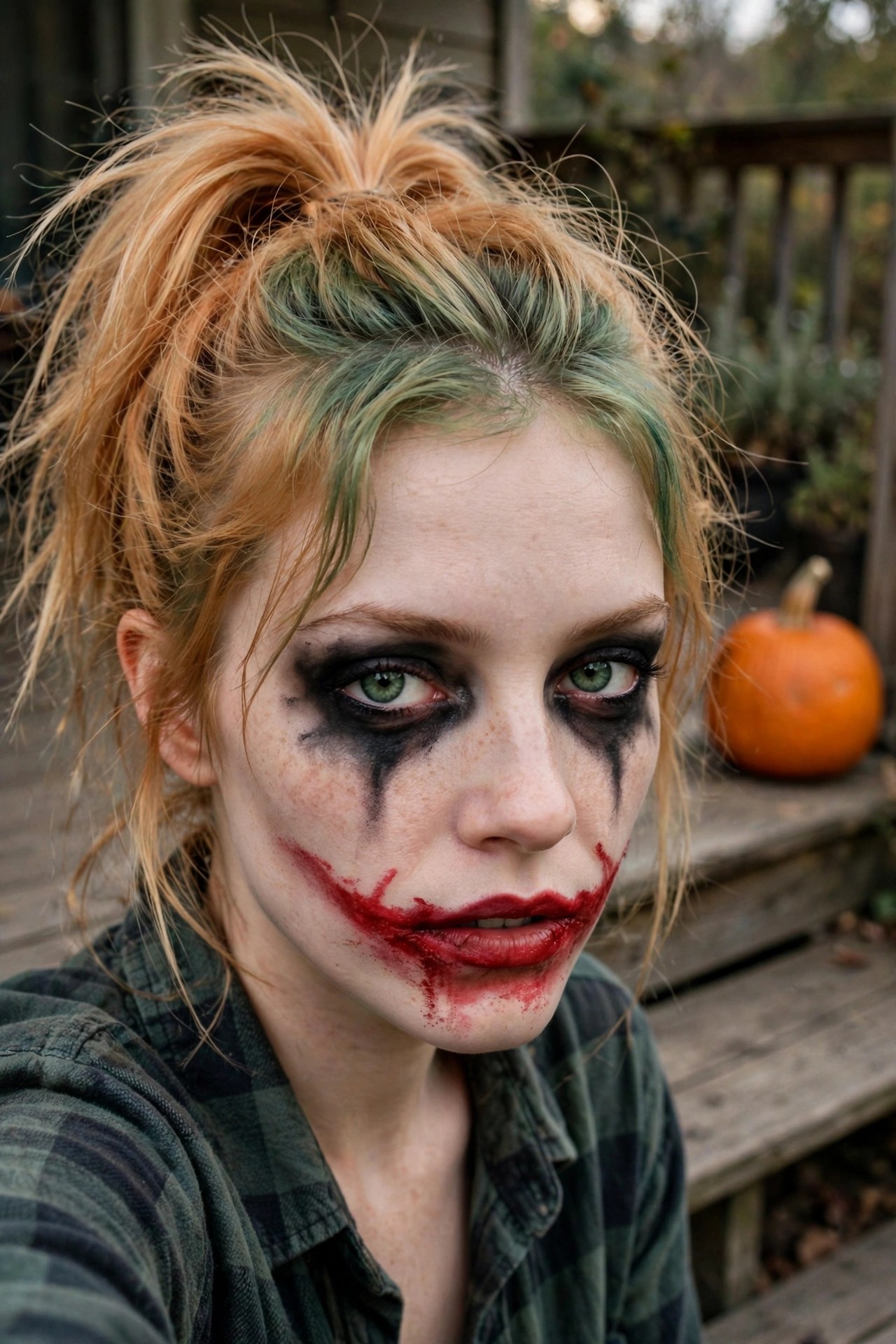 close up of Joker style makeup with heavy black smudges around the eyes and a wide red smile extending past the lips with drips along the jawline