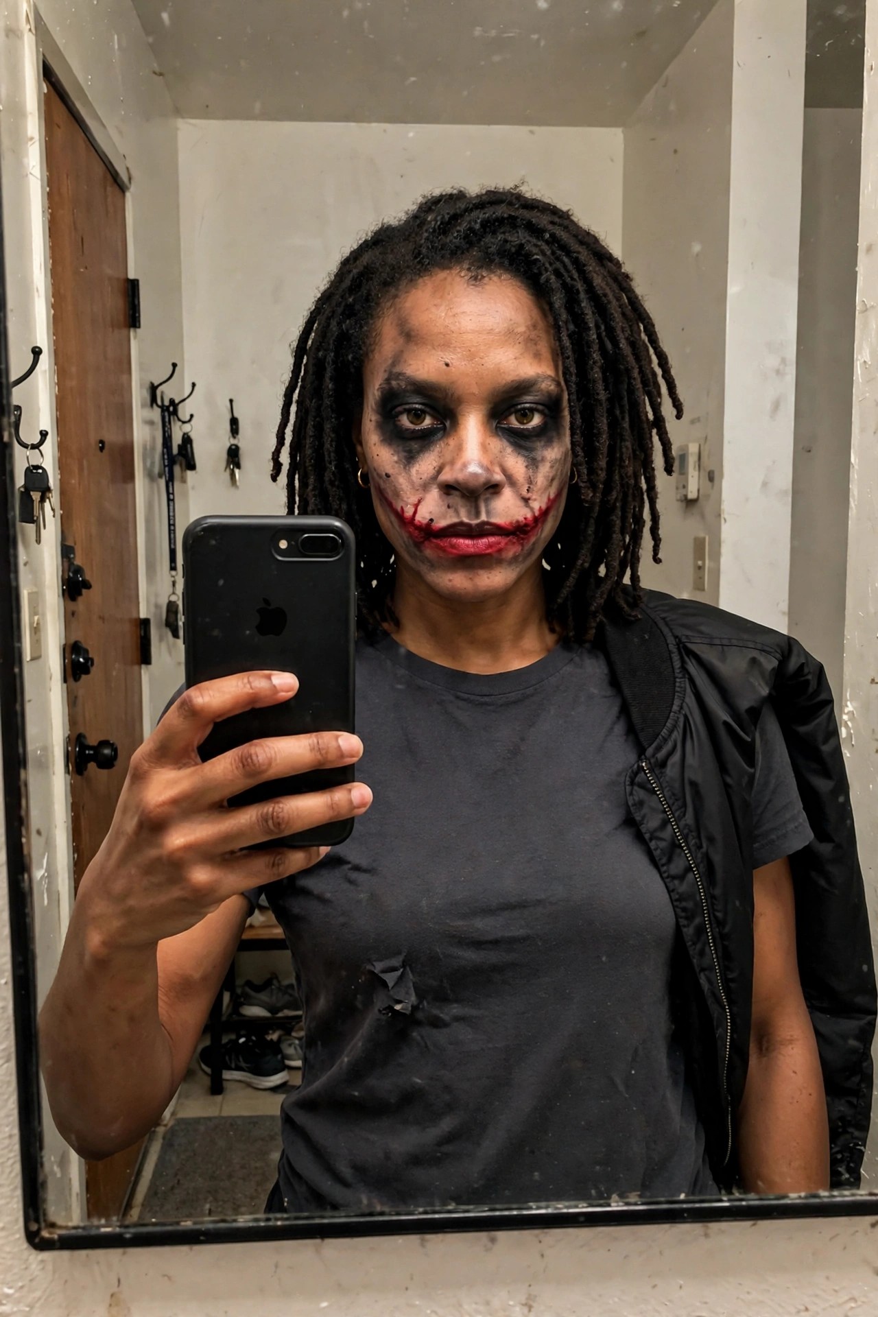 Close up of Joker style makeup with heavy black shadow around the eyes and red lipstick smeared downward at the corners.