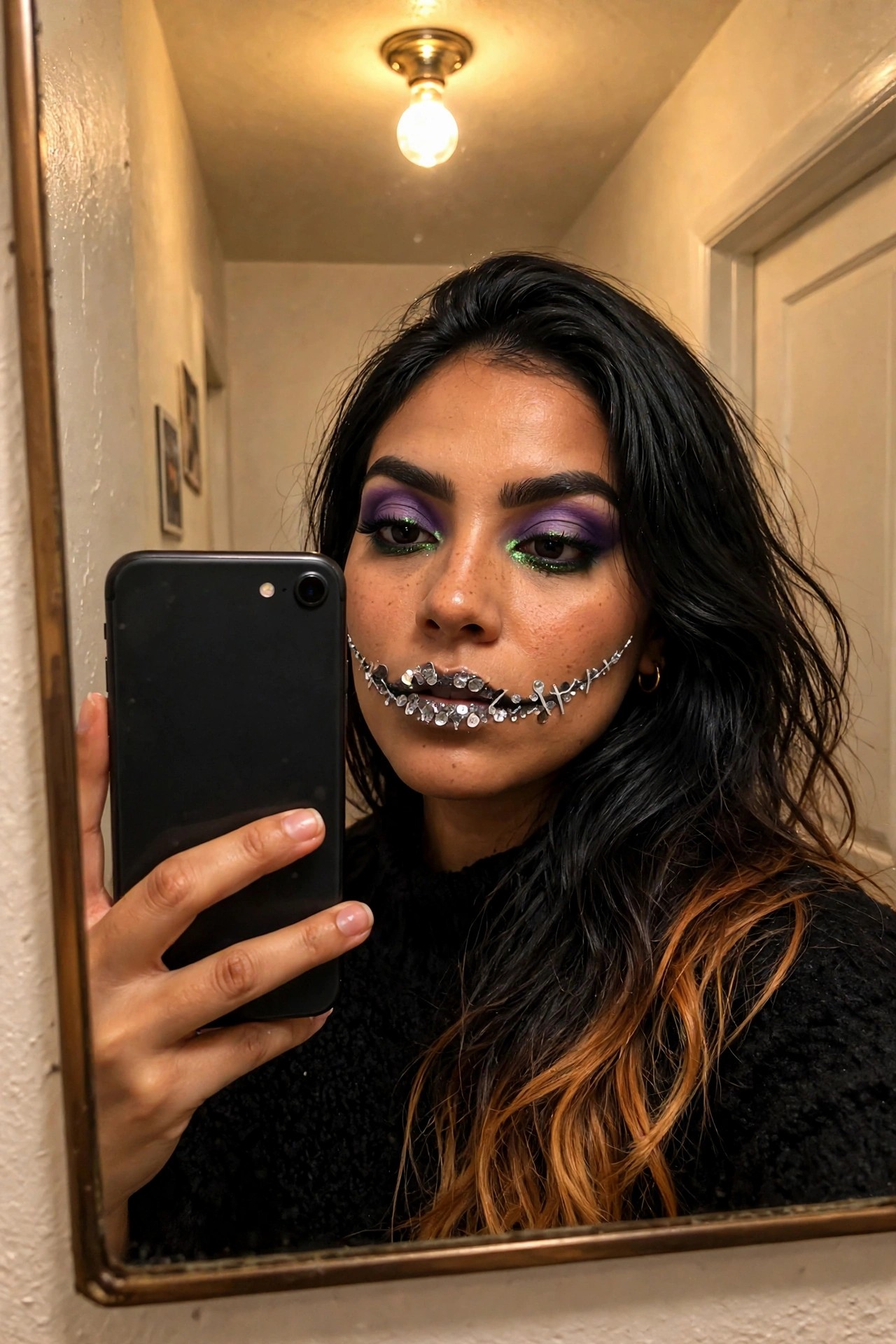 Close-up mirror selfie showing purple and green eyeshadow with a metallic staple and chain stitched Joker mouth design across the lips.