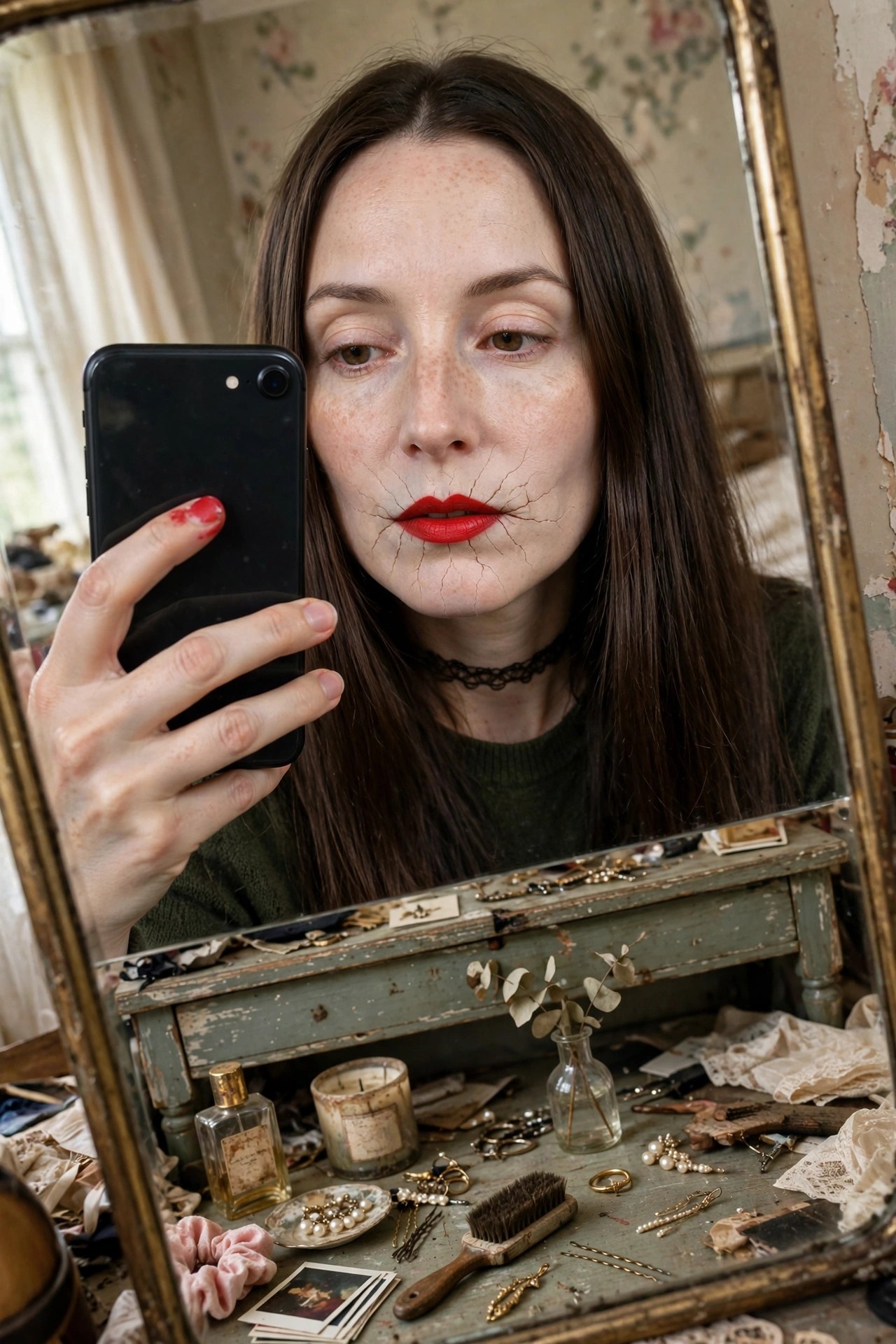 close up of a woman taking a mirror selfie with cracked porcelain face paint and bright red lipstick visible on her mouth