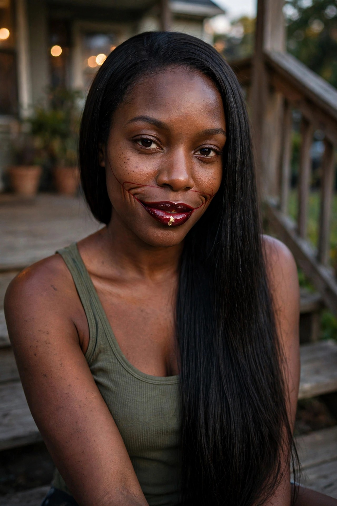 Close up of a woman with long dark hair wearing thick red lipstick extended into an exaggerated smile shape with thin red lines on the cheeks and a small gold tooth accent.