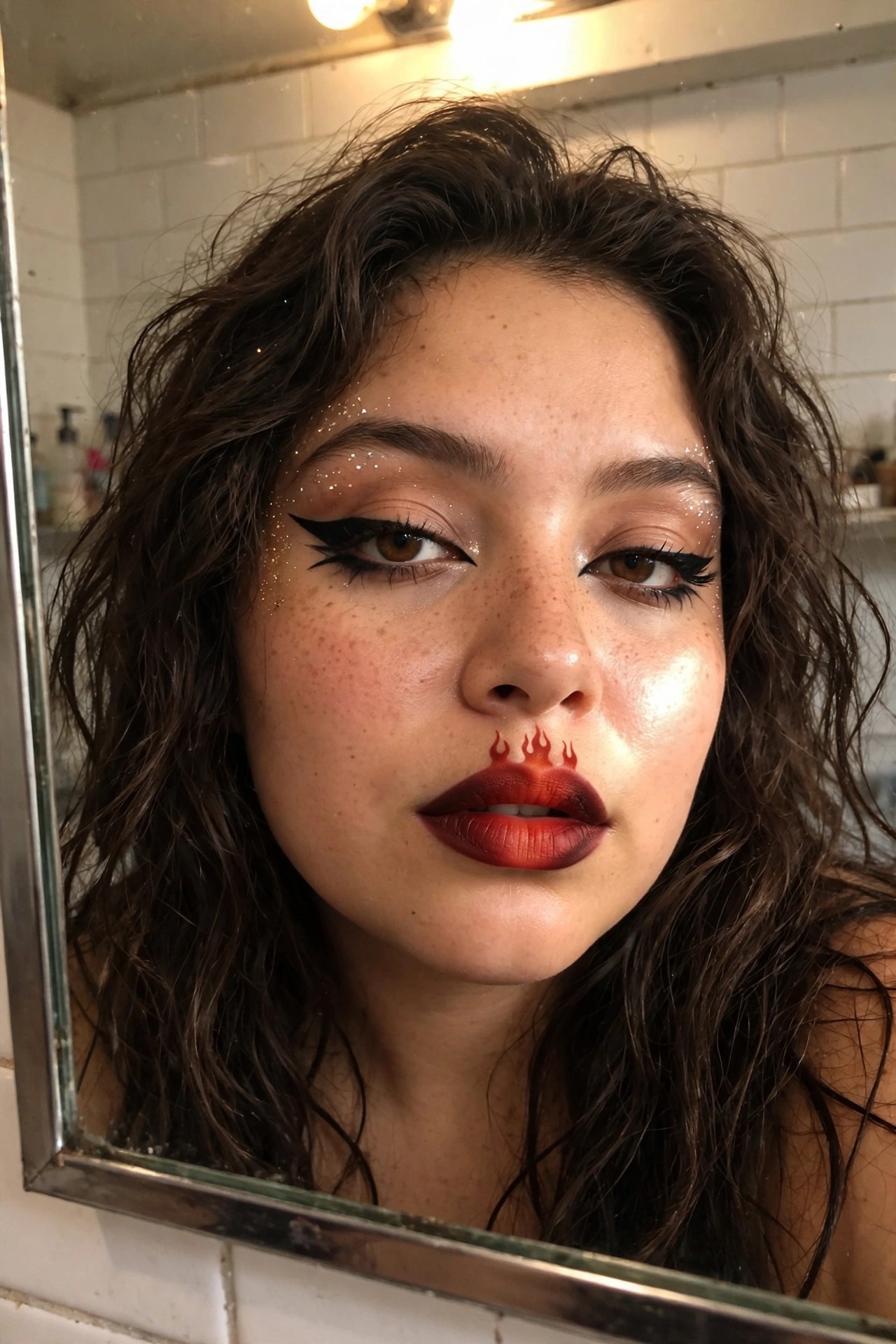 Close up of face with bold black winged eyeliner, glitter on brows and eyes, red flame design above upper lip, and ombre red lipstick.