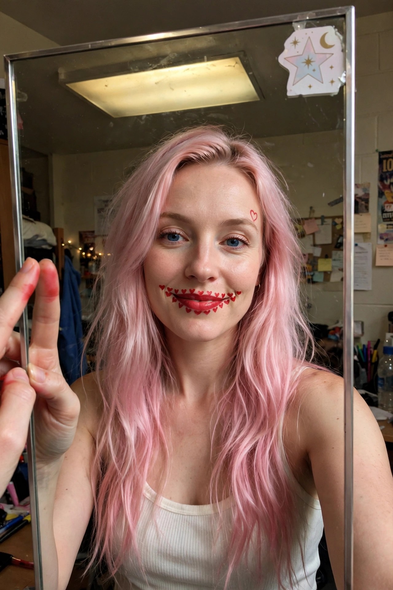 close up of pink haired woman with red lipstick forming small hearts around the mouth and one small red heart drawn on the cheek