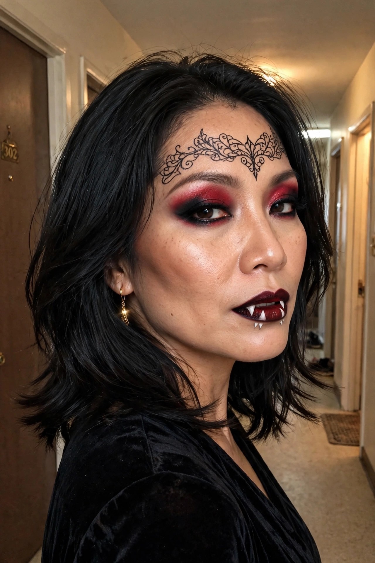 Close up of woman wearing red and black smoky eye makeup, dark red lips with painted fangs, and black ornate forehead design for vampire Halloween look.