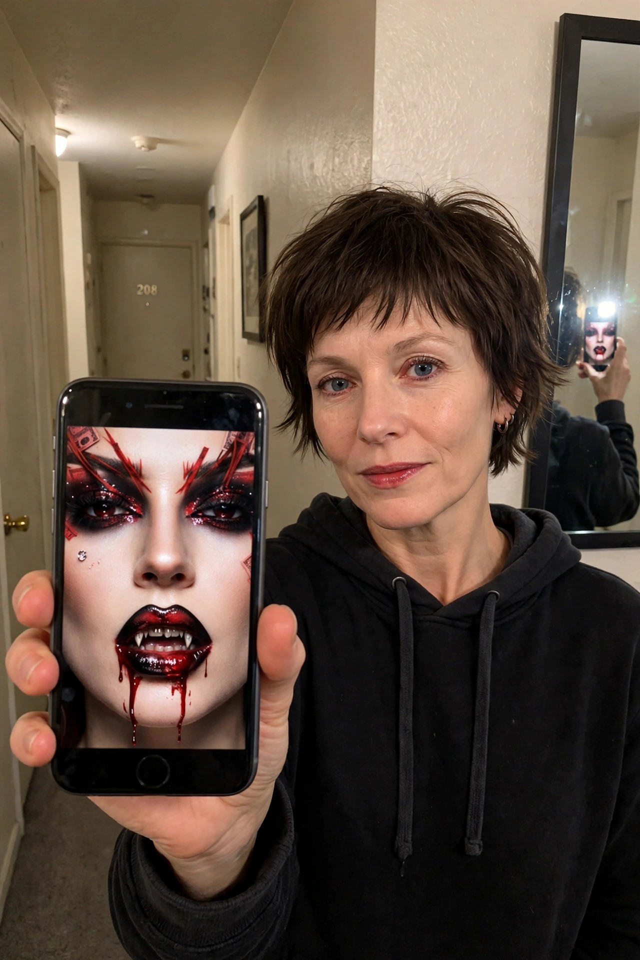 Close up of a phone screen displaying dramatic vampire makeup with red and black eyeshadow, red slashes across the brows, glossy blood red lips with fangs, and red drips running down the chin.