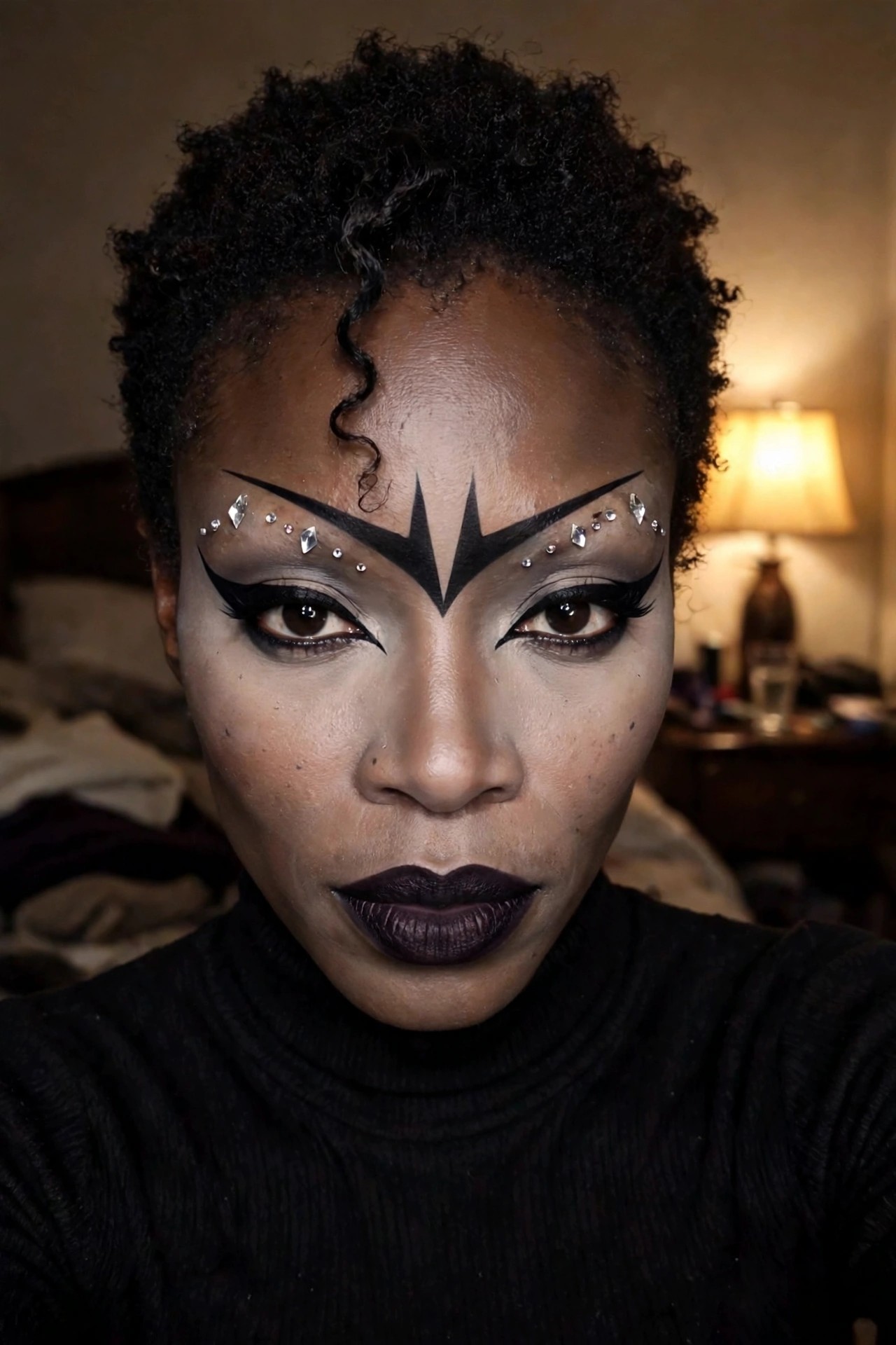 Close up of a woman with short curly hair wearing bold black geometric vampire makeup with rhinestones across the forehead and heavy dark eyeliner