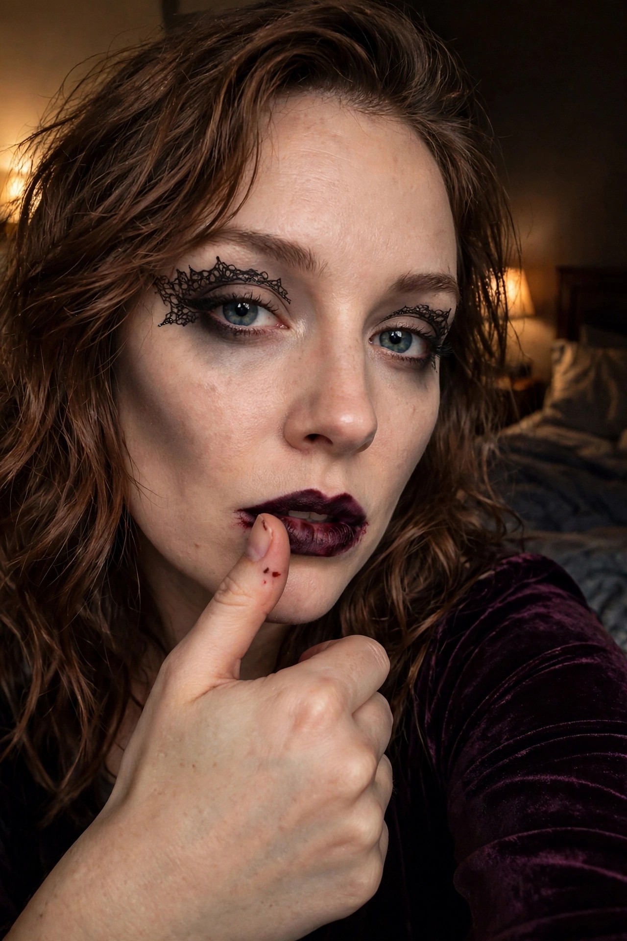 Close-up of vampire makeup with black lace filigree eye designs and dark lipstick with blood effect at the corner of the mouth.