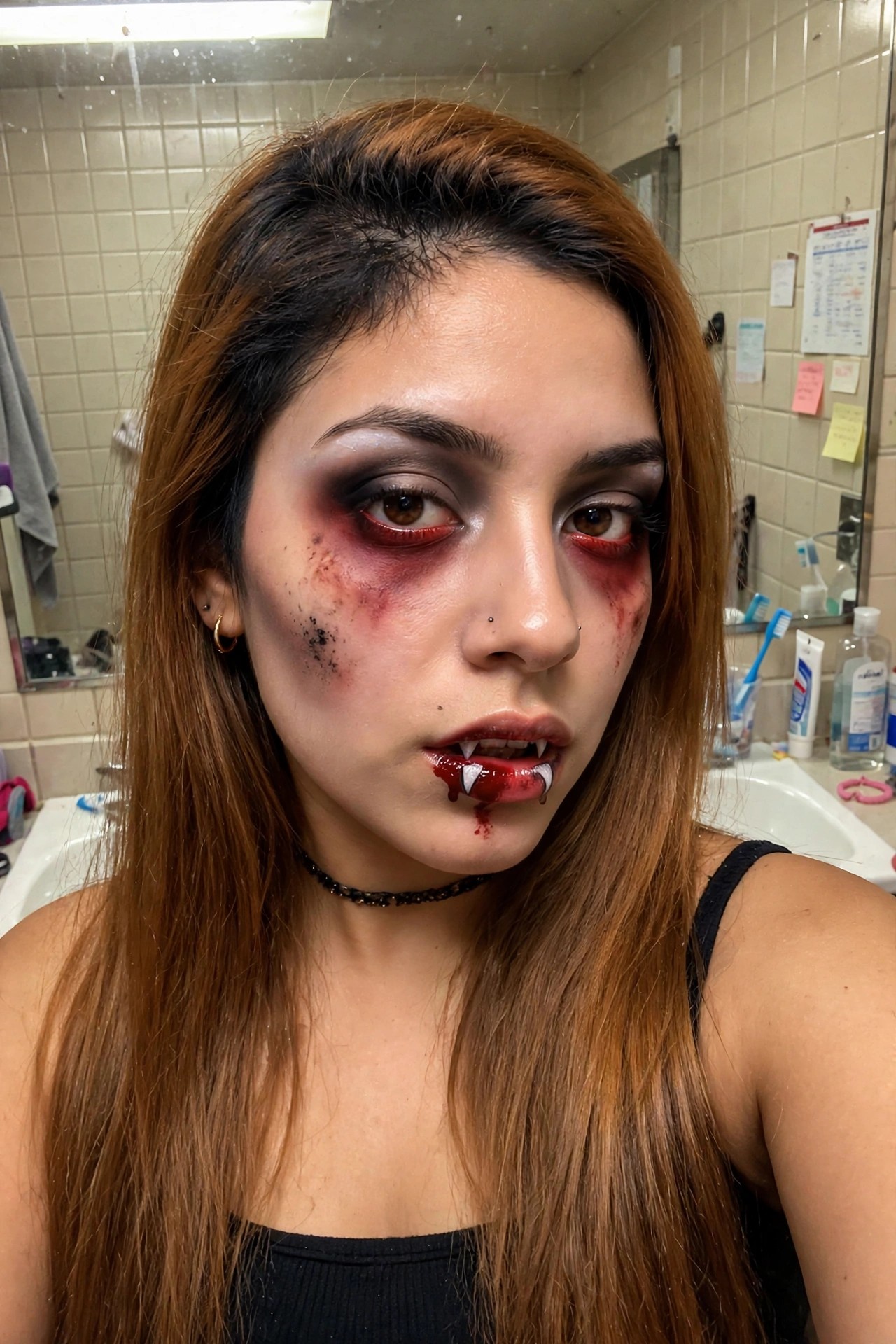 Close up of vampire makeup with red eyeshadow and liner, dark shadow blended outward, fake blood on cheeks and chin, white fangs with red drips from the lower lip.