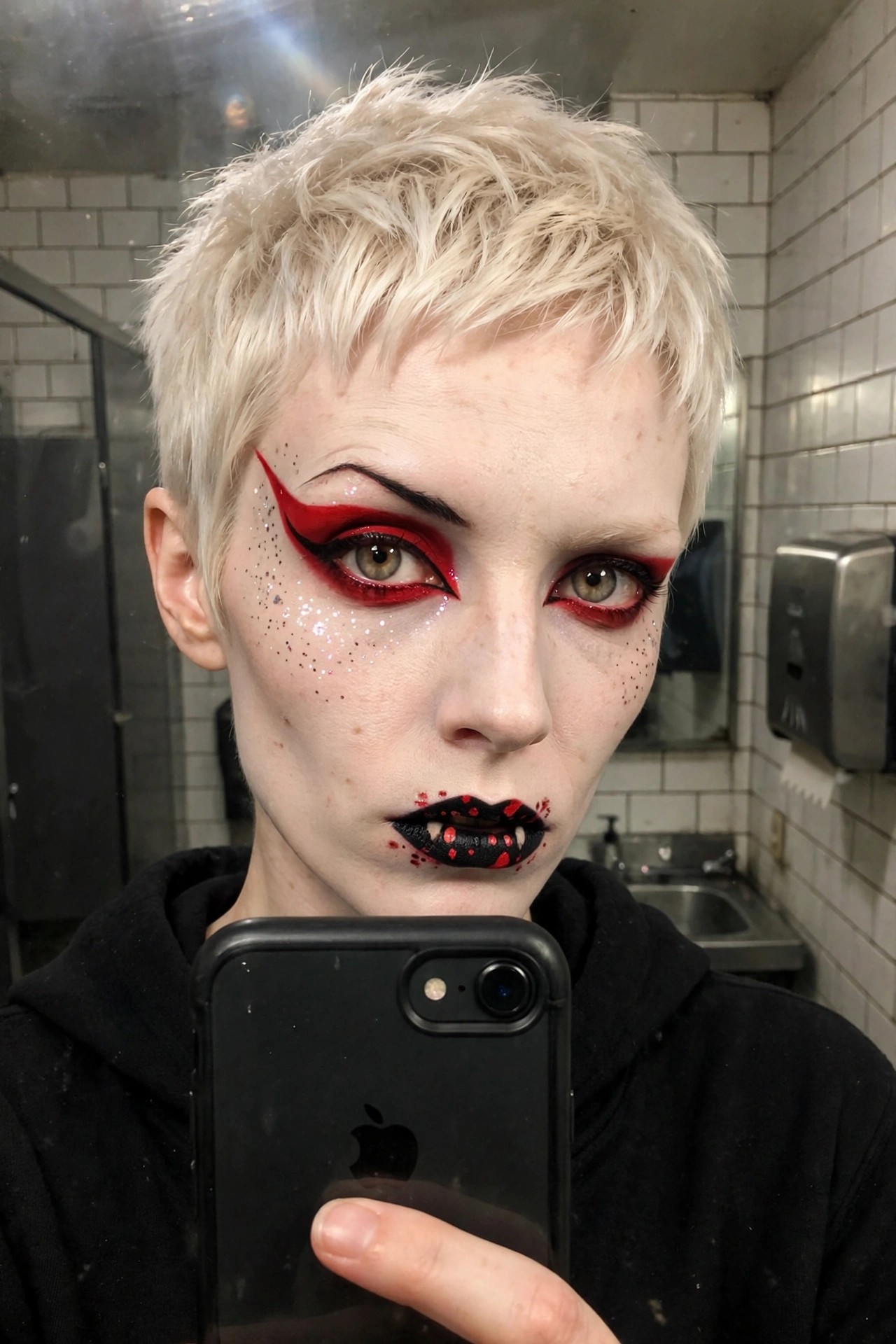 Close up of vampire makeup with red winged eyeshadow, black liner, glitter dots on cheeks, and black and red lips painted with fang details.