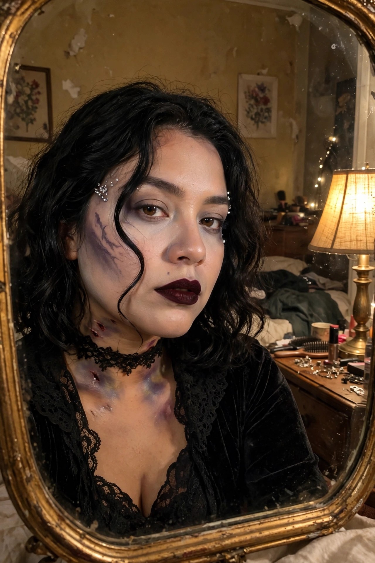 Close up of vampire makeup with pale skin, dark under eye shadows, purple bruise effects on cheek and neck, red bite marks on collarbone, and dark plum lipstick.
