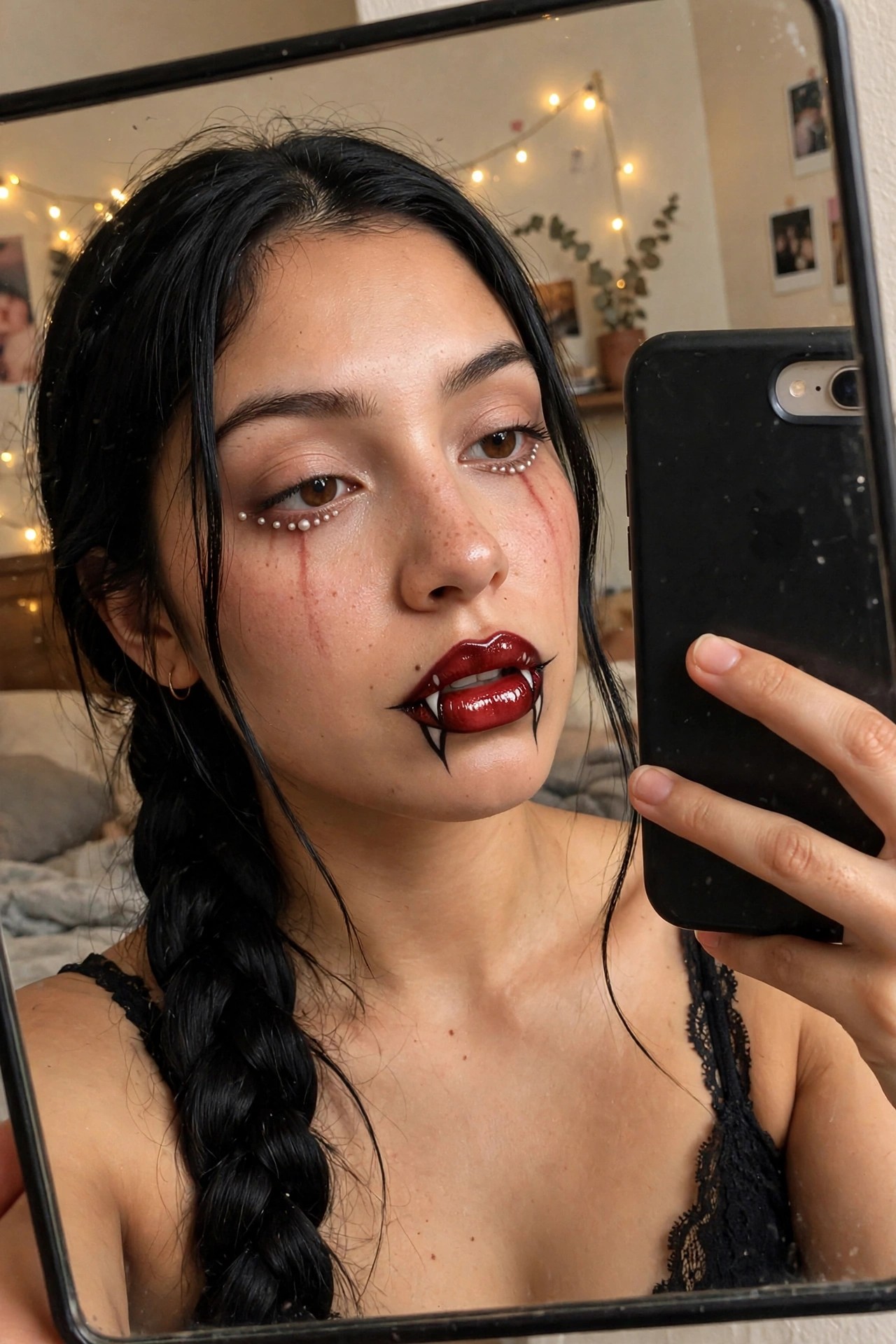 Close-up mirror selfie showing red glossy lips painted with black vampire fang outlines, red blood drip lines from the eyes, and small white dots under the lower lashes.