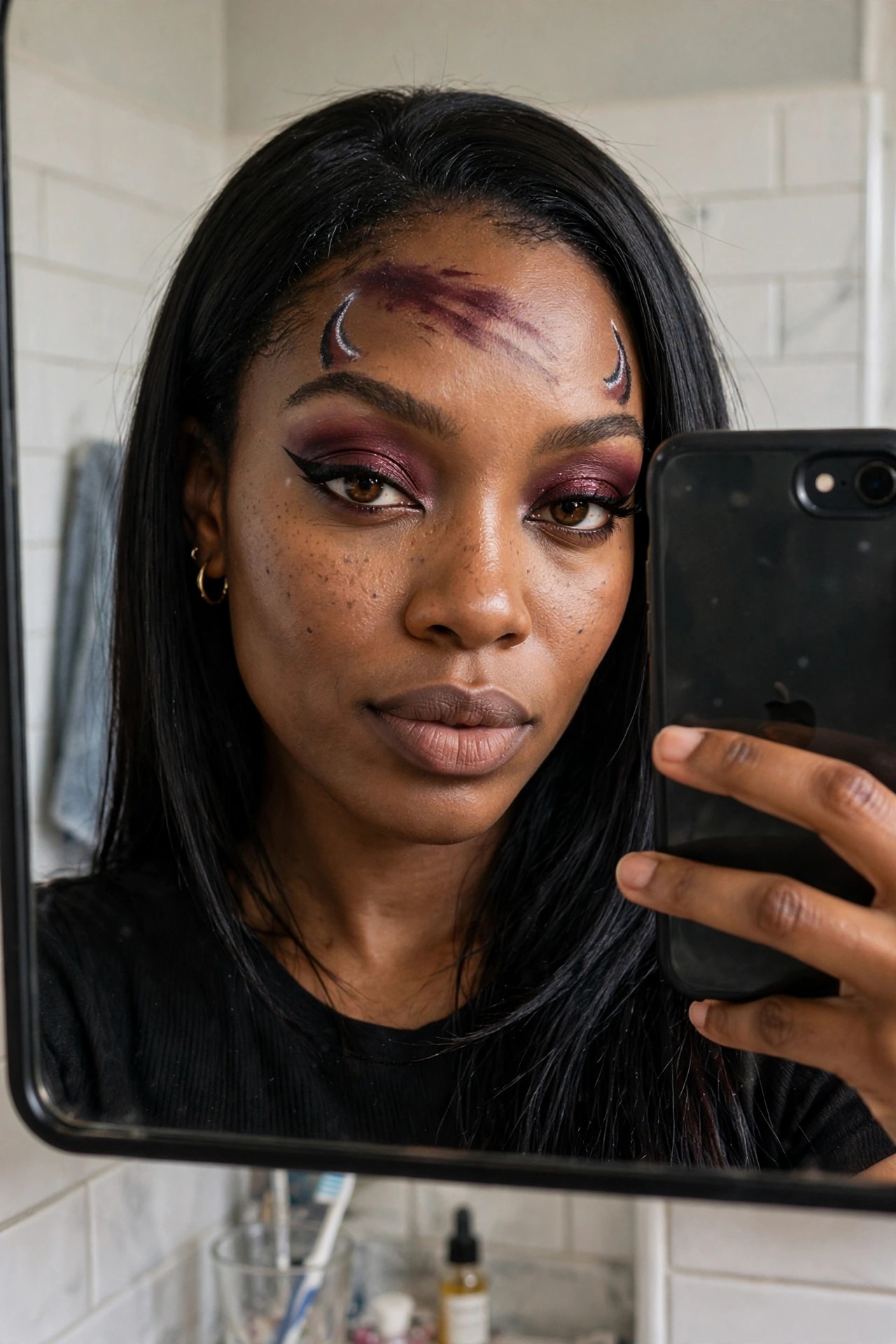Close up of a woman applying devil horn forehead makeup with metallic outlines and dark purple eye shadow in a bathroom mirror selfie.