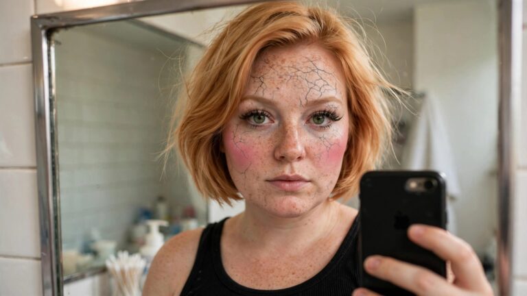 Close up of cracked porcelain doll makeup with black fracture lines across forehead and cheeks, pink blush showing through, heavy black eyeliner, and natural freckles visible.