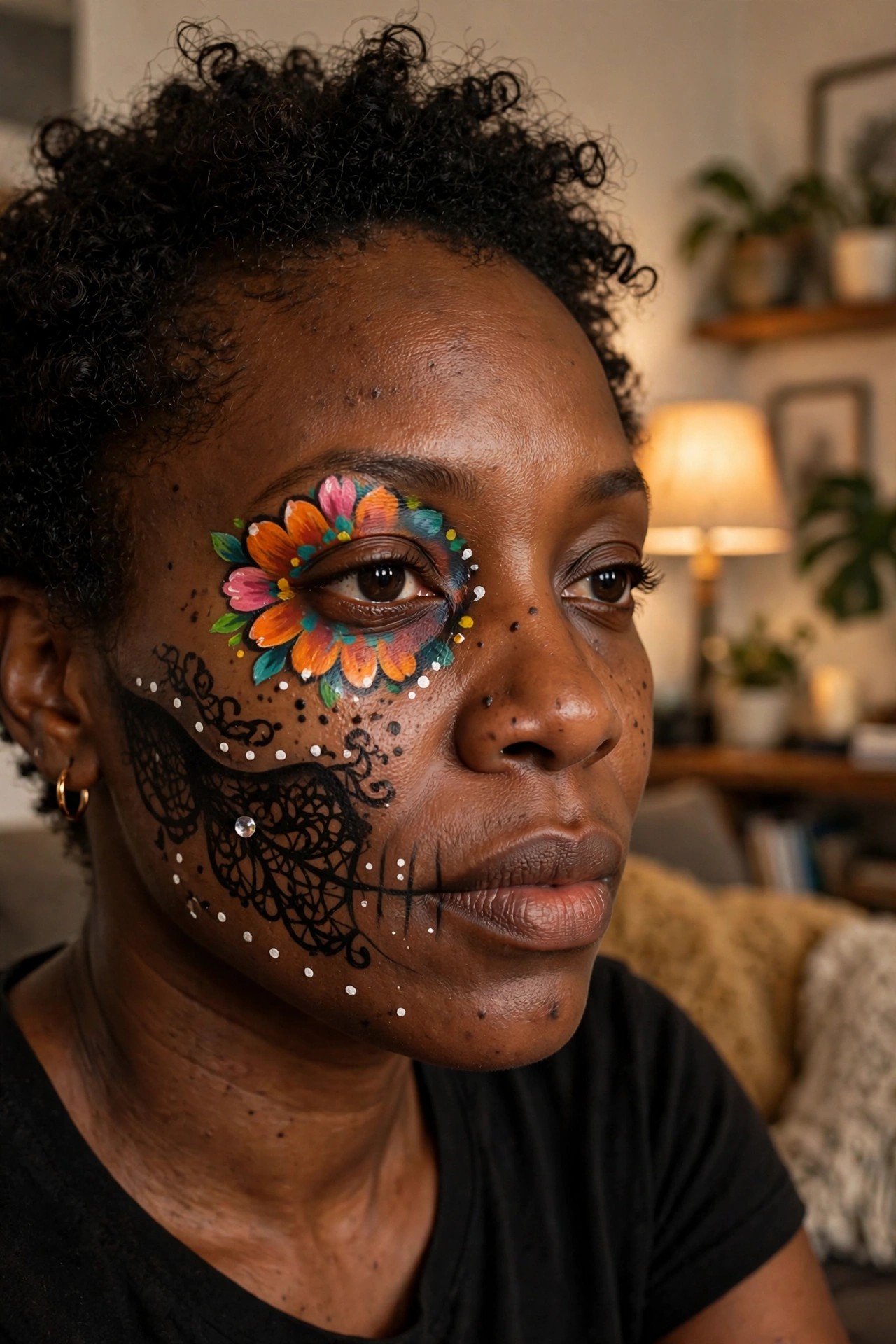 Close up of floral eye makeup featuring a large orange pink and teal flower over one eye with black lace patterns white dots and rhinestones on brown skin.