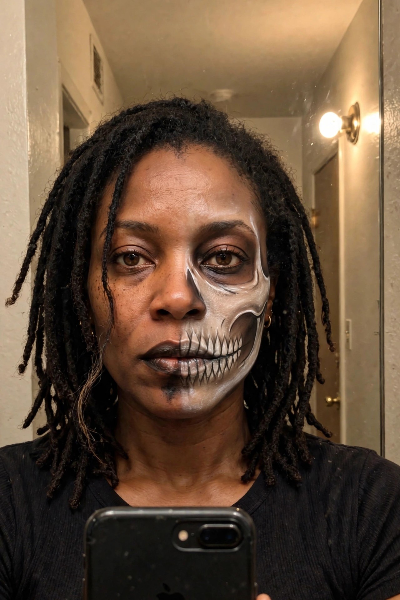 Close up of a woman wearing half skull face paint with white base, black eye socket shading, and painted teeth details across the right side of her face.