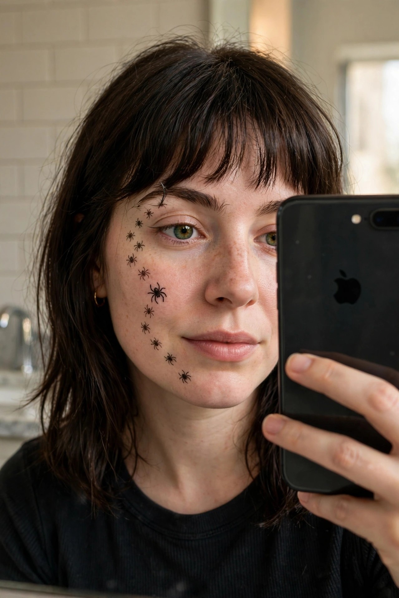 Close up of a woman's face showing small black spider drawings arranged in a curved line from near the eye down the cheek for Halloween makeup.
