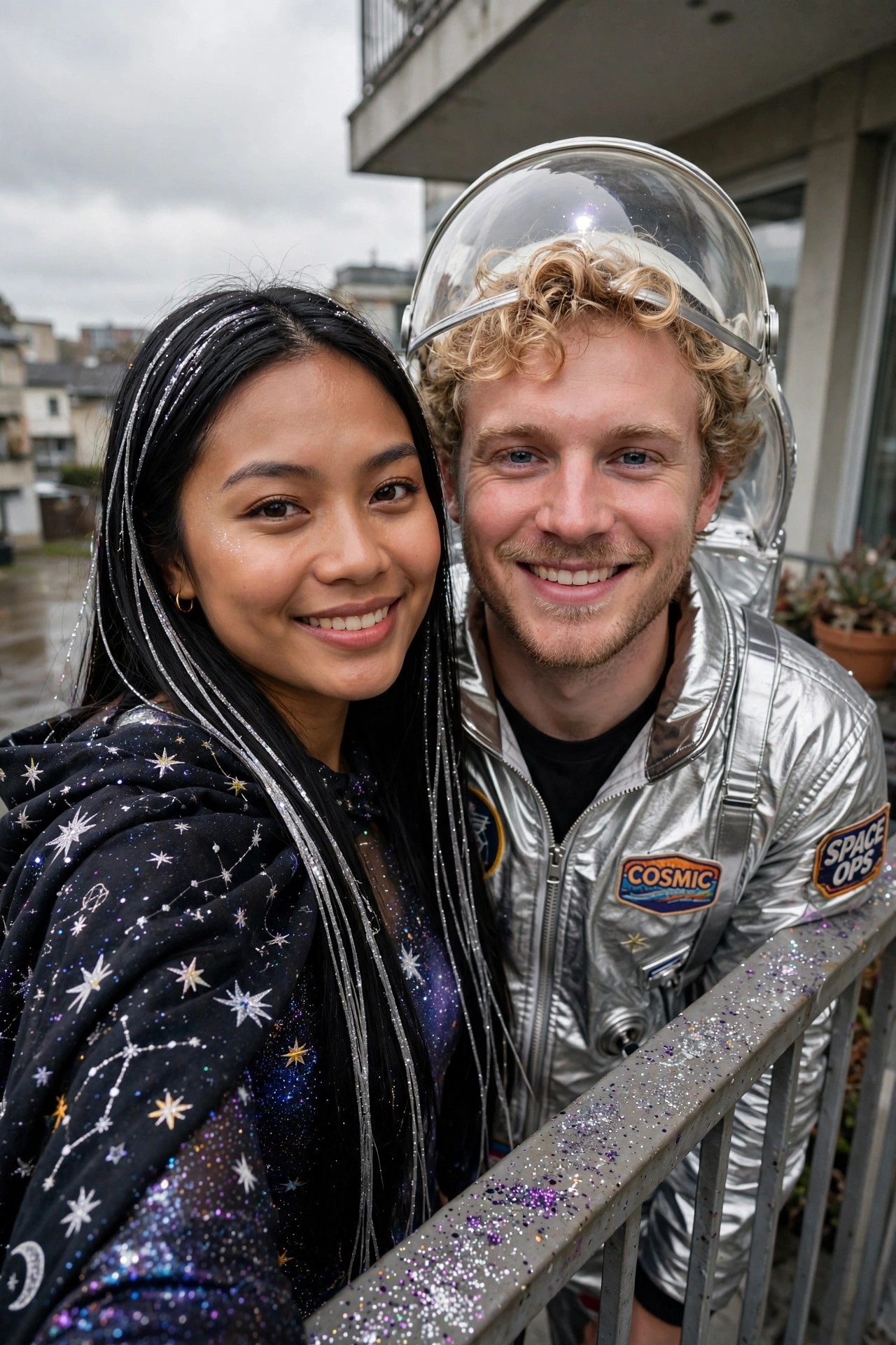 Couple wearing matching space themed Halloween costumes, one in a silver astronaut jacket with helmet and the other in a black galaxy hoodie covered in constellations and glitter.