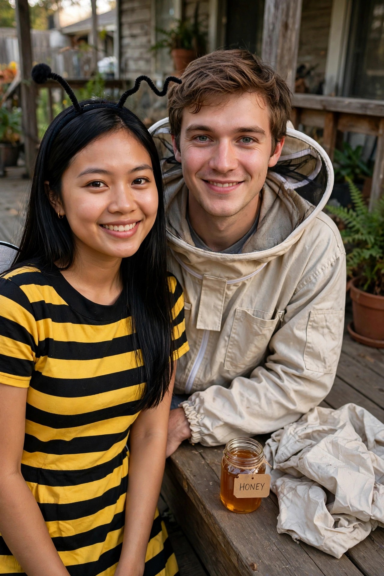 Woman wearing black and yellow striped shirt with bee antennae headband next to man in beige beekeeper suit holding a jar labeled honey.