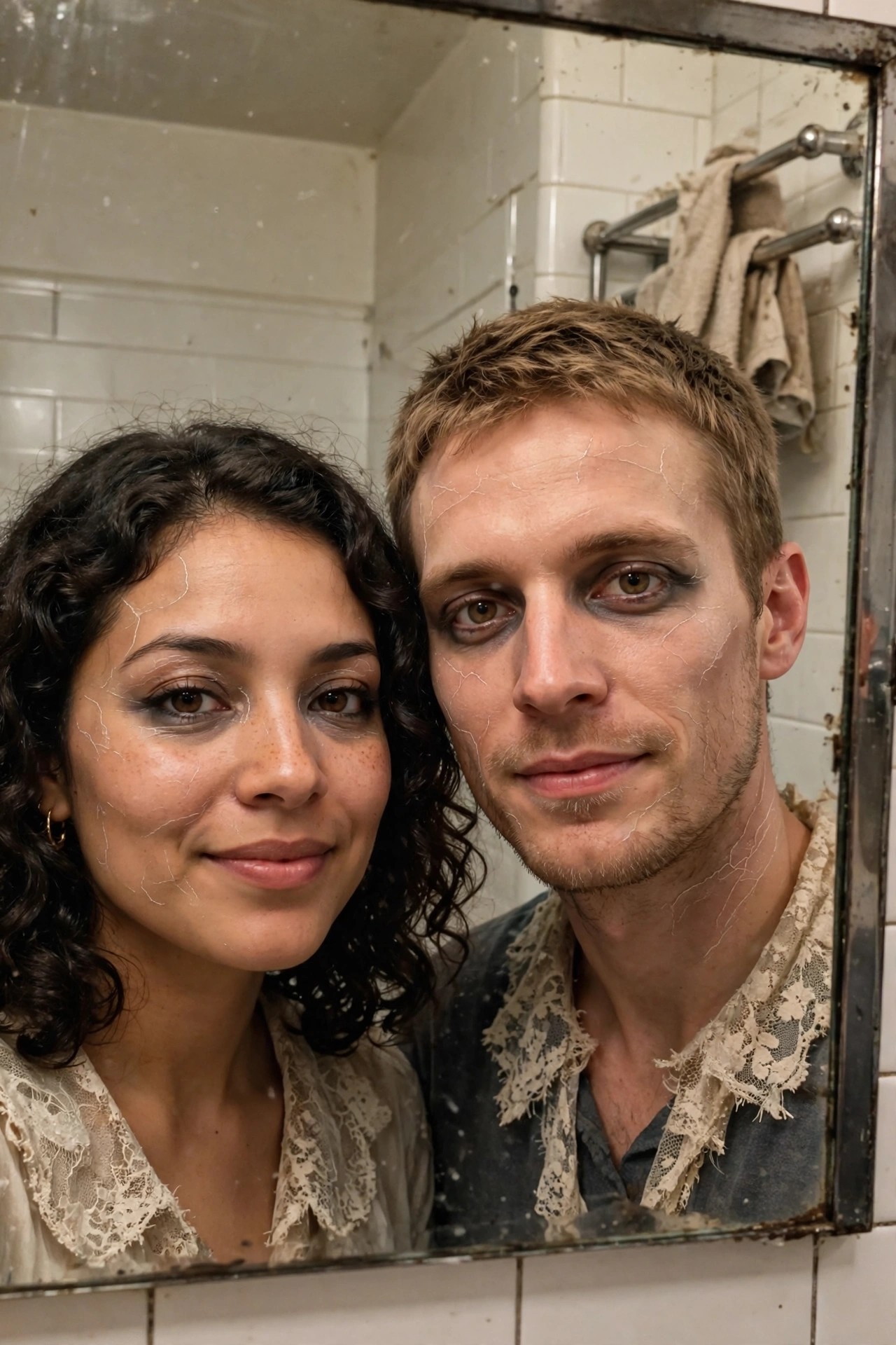 A couple in a mirror selfie wearing matching cracked porcelain doll costumes with white cracked face paint, dark eye makeup, and vintage lace-collared shirts.