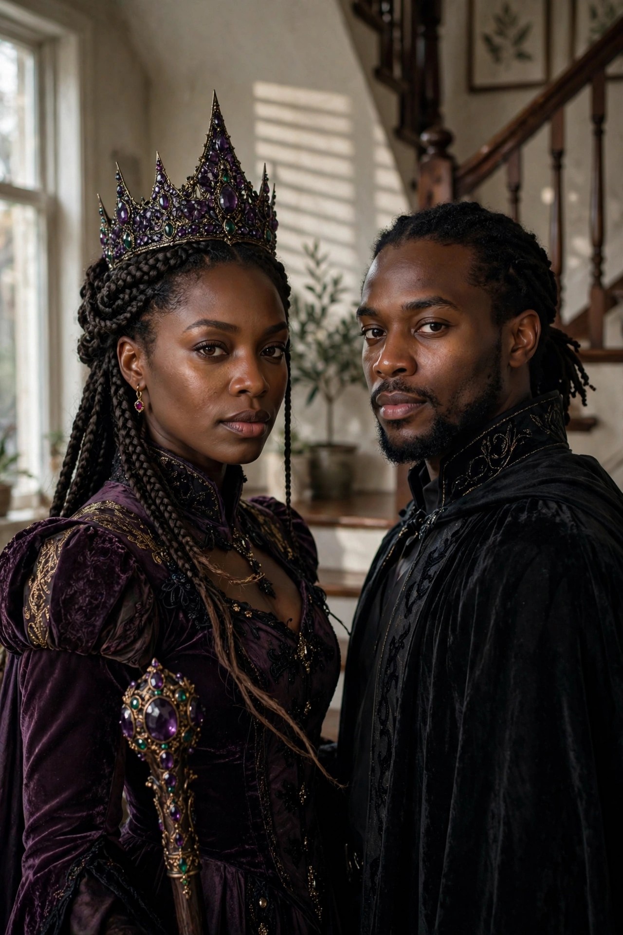 Woman in purple velvet gown with large jeweled crown and scepter standing beside man in black velvet cape with gold embroidery, both dressed as matching fantasy royalty.