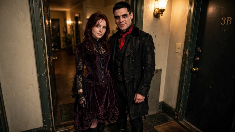 Couple wearing matching Victorian gothic vampire costumes, woman in purple velvet corset gown with lace sleeves and bat necklace, man in tattered black coat with red scarf and visible fangs.