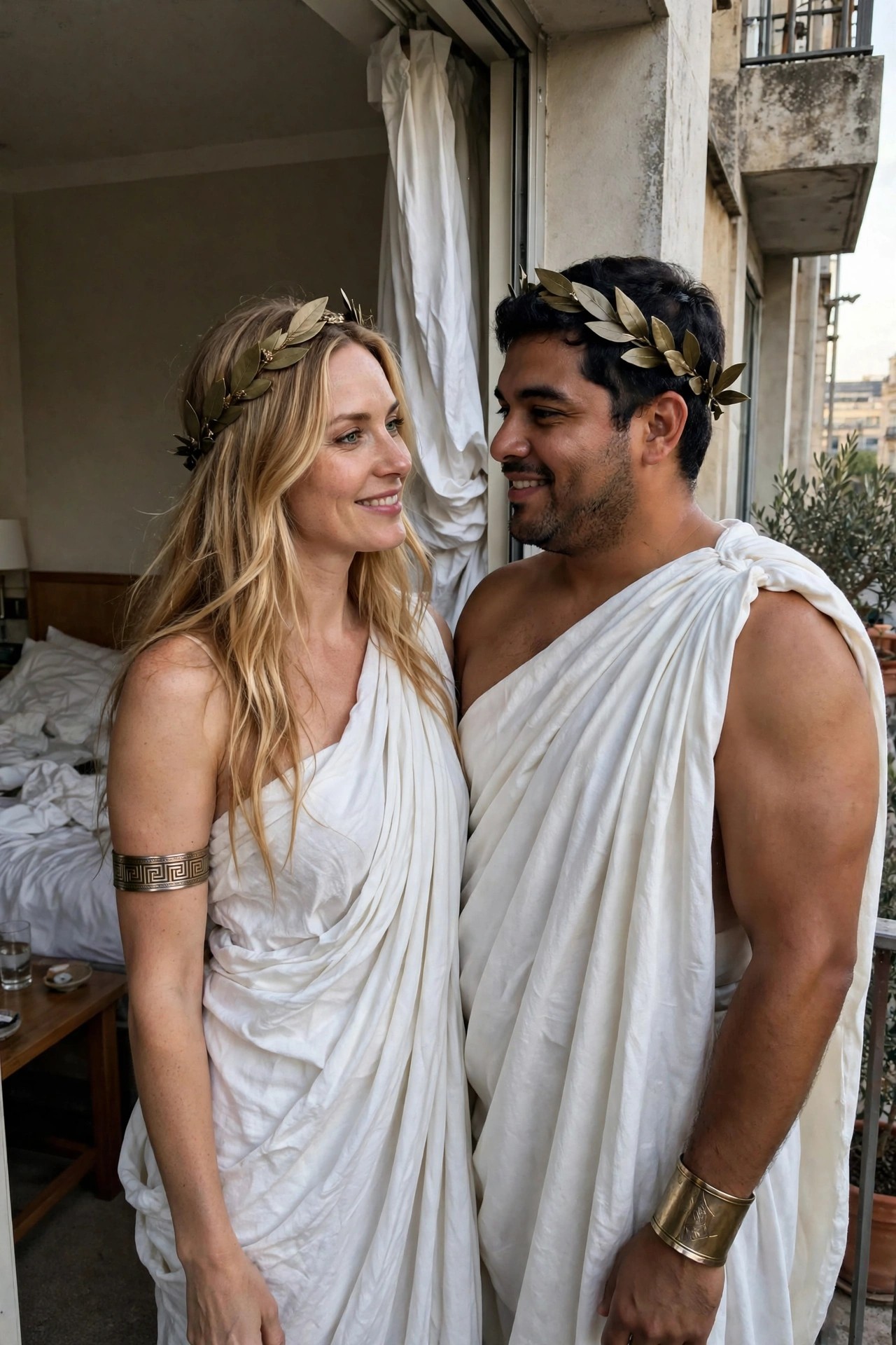 A couple wearing matching white toga costumes with gold laurel wreaths and arm cuffs.