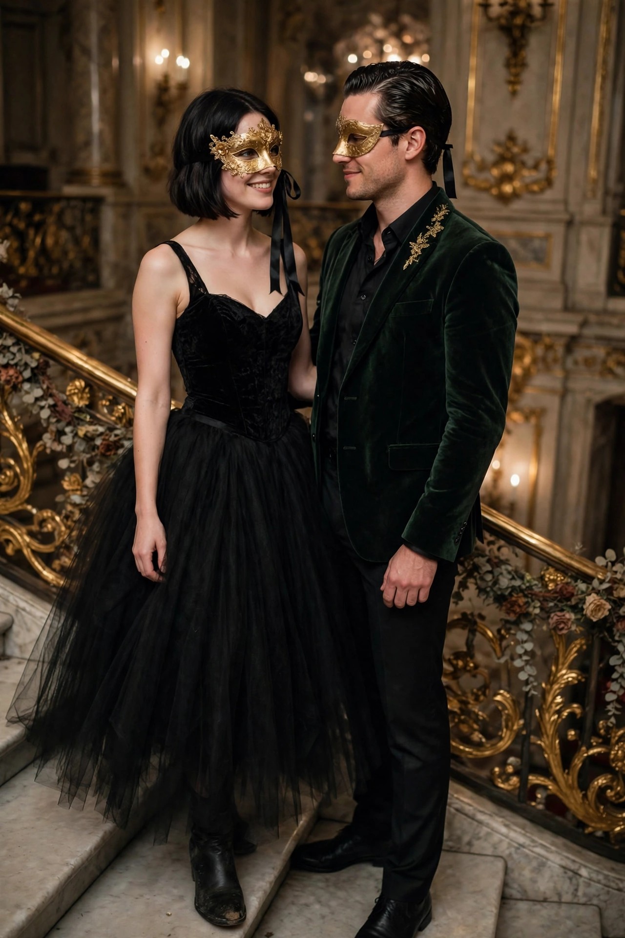 Couple wearing matching gold masquerade masks, woman in black velvet corset and tulle skirt, man in green velvet blazer with gold embroidery.