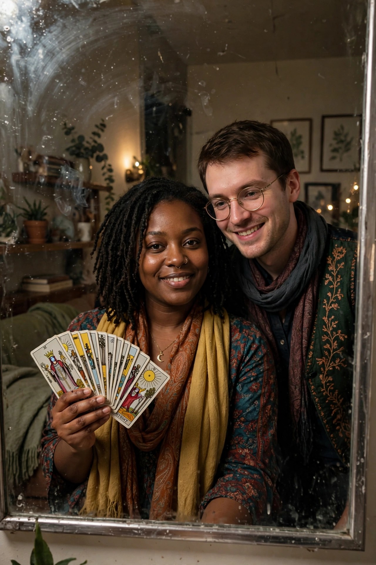 Couple holding a spread of tarot cards in front of a mirror for a fortune teller costume idea.